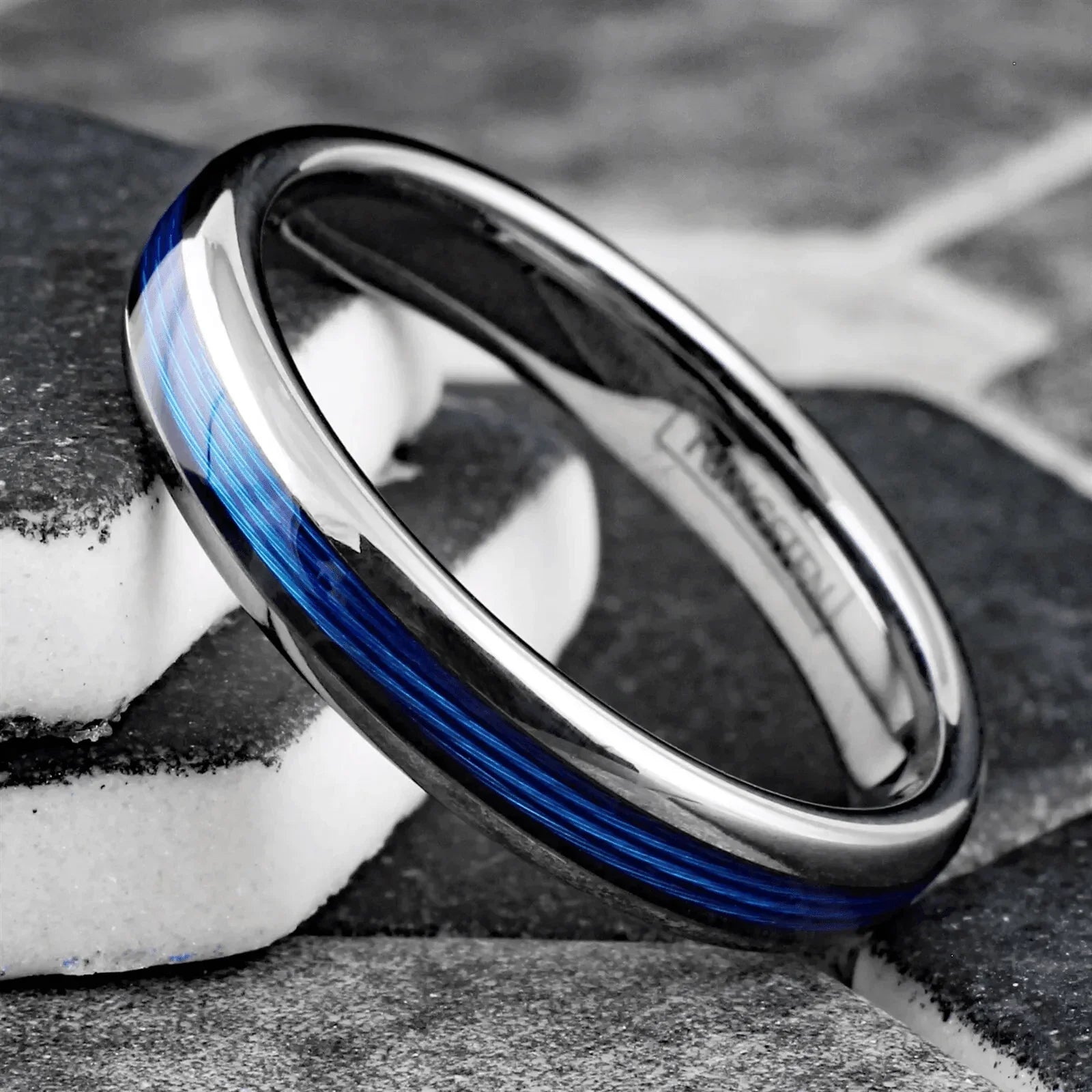 Silver Blue Fishing Line Wedding Band Ring for Men and Women - Wedding Rings for Engagement - Jewelry Store by Erik Rayo