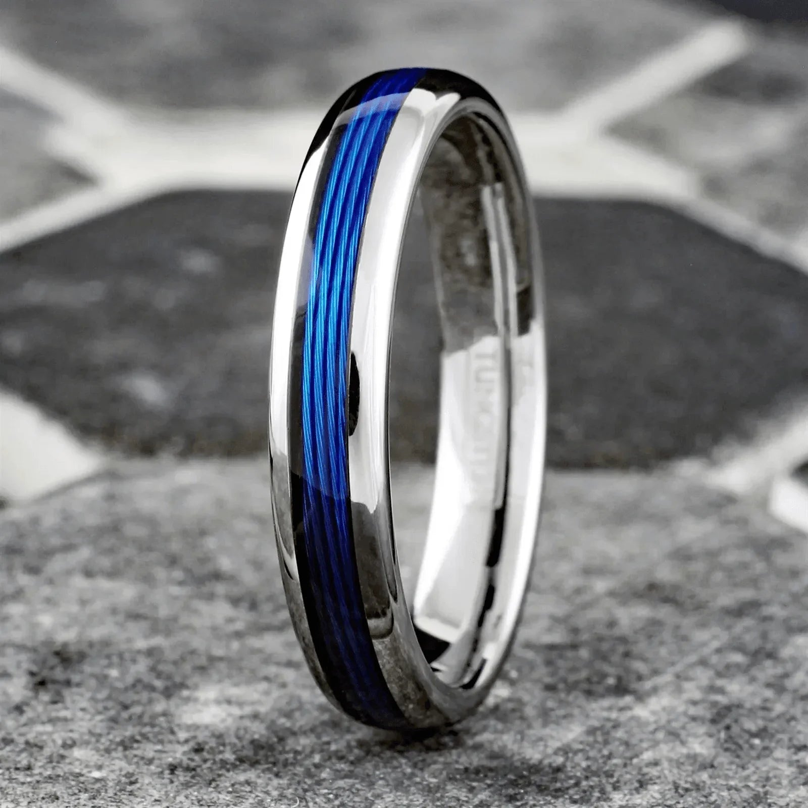Silver Blue Fishing Line Wedding Band Ring for Men and Women - Wedding Rings for Engagement - Jewelry Store by Erik Rayo