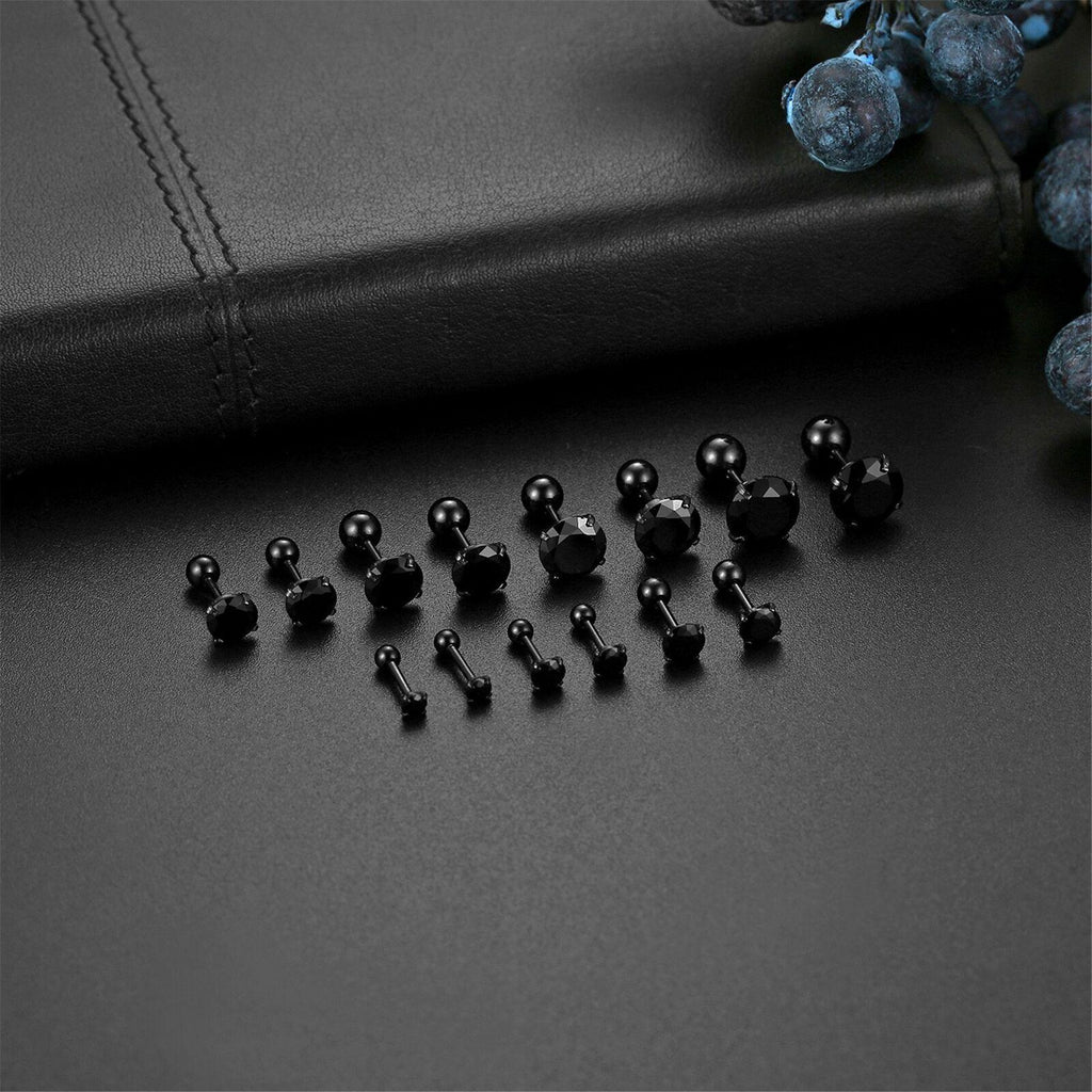 Black Stud Earrings with Roundback 7 Pair Stainless Steel Round Cubic Zirconia for Men Women Children and Babies - Jewelry Store by Erik Rayo