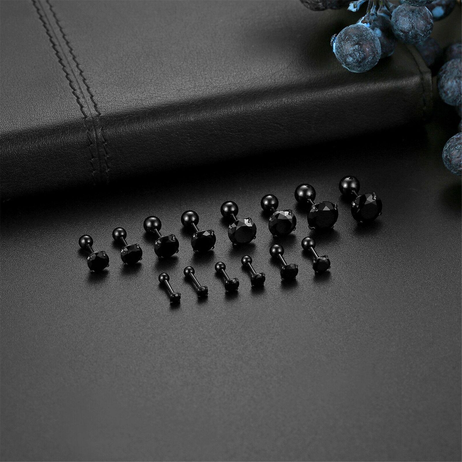 Black Stud Earrings with Roundback 7 Pair Stainless Steel Round Cubic Zirconia for Men Women Children and Babies - Jewelry Store by Erik Rayo