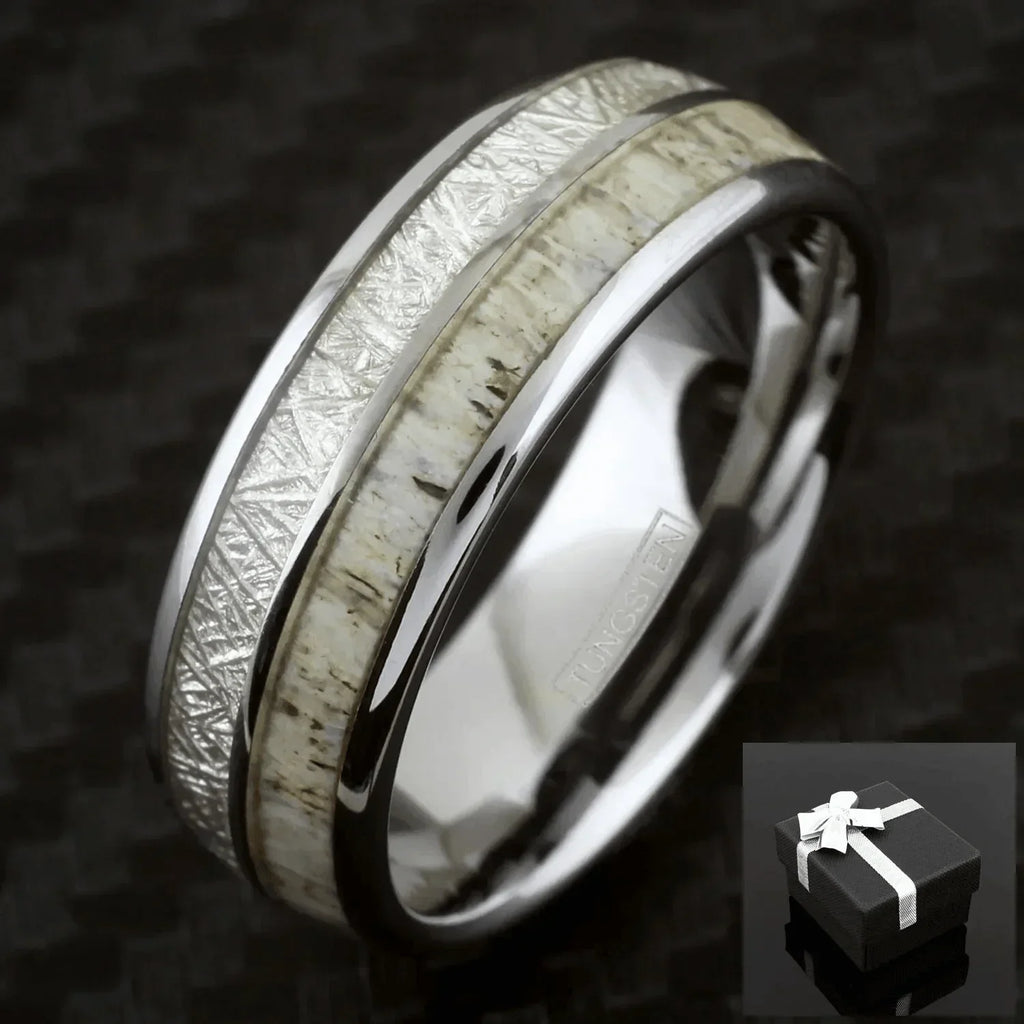 Silver Tungsten Carbide Wedding Band Ring for Men & Women – Deer Antler & White Meteorite Inlay Design - Jewelry Store by Erik Rayo