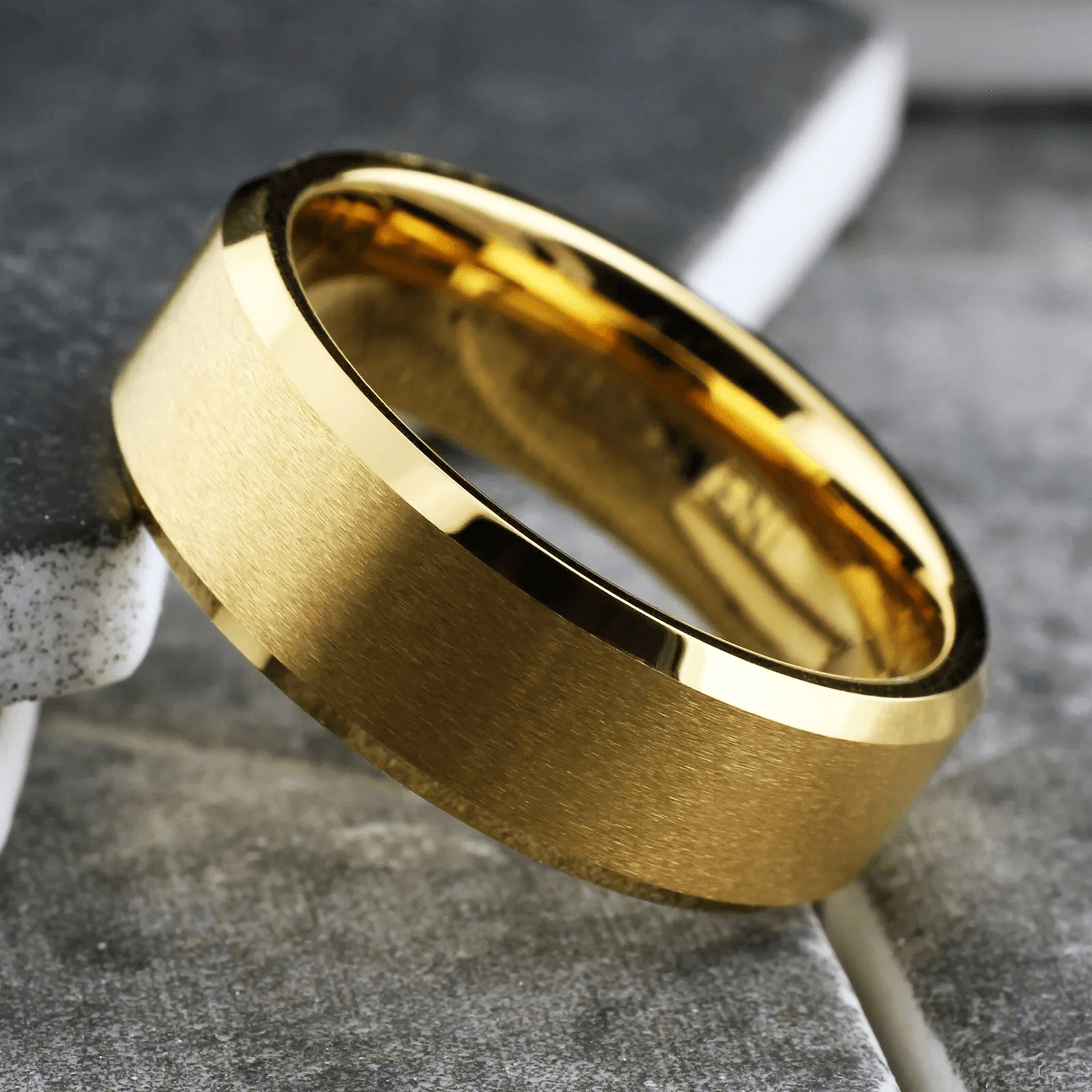 Gold Tungsten Carbide Wedding Band Ring for Men & Women – Beveled Edge Design - Jewelry Store by Erik Rayo