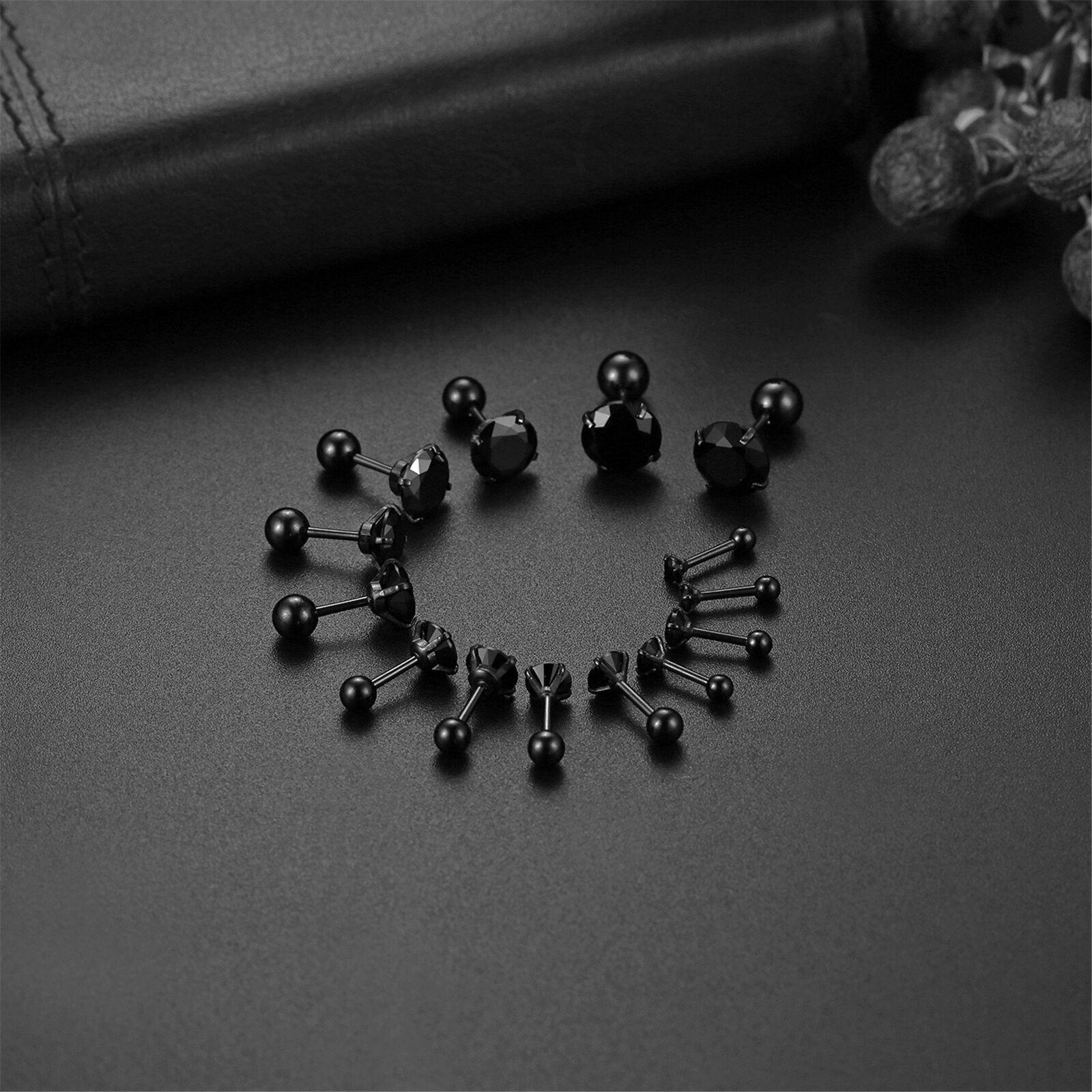 Black Stud Earrings with Roundback 7 Pair Stainless Steel Round Cubic Zirconia for Men Women Children and Babies - Jewelry Store by Erik Rayo