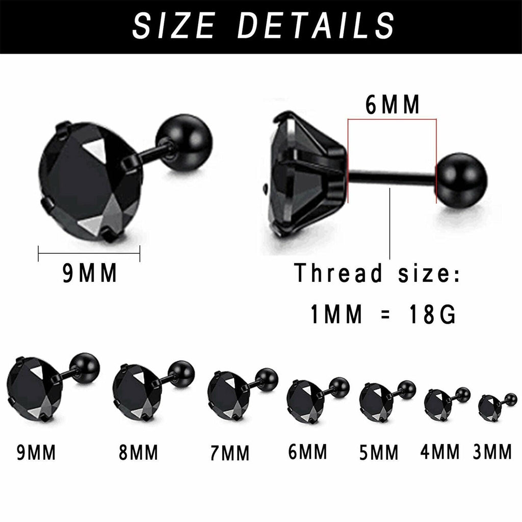 Black Stud Earrings with Roundback 7 Pair Stainless Steel Round Cubic Zirconia for Men Women Children and Babies - Jewelry Store by Erik Rayo