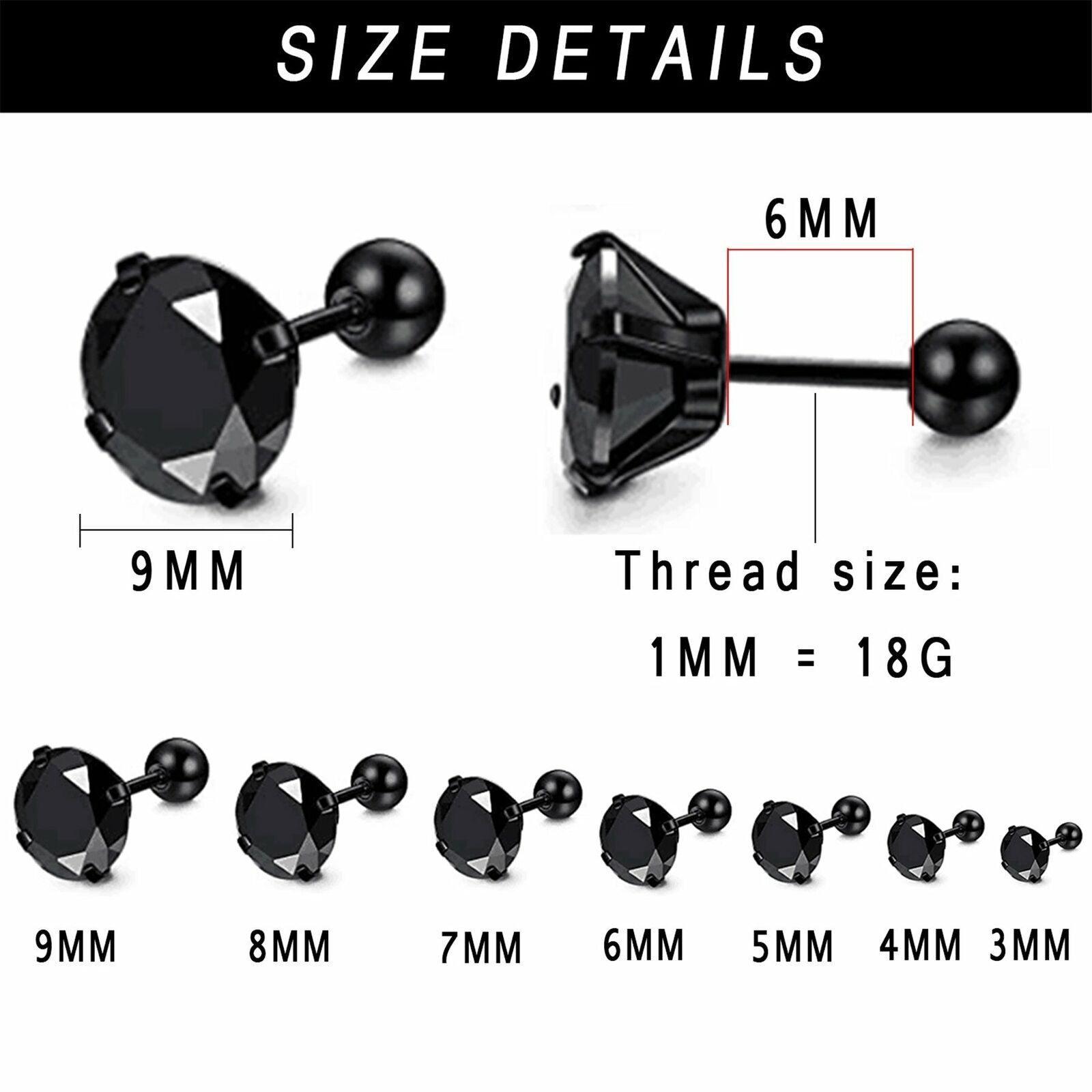 Black Stud Earrings with Roundback 7 Pair Stainless Steel Round Cubic Zirconia for Men Women Children and Babies - Jewelry Store by Erik Rayo