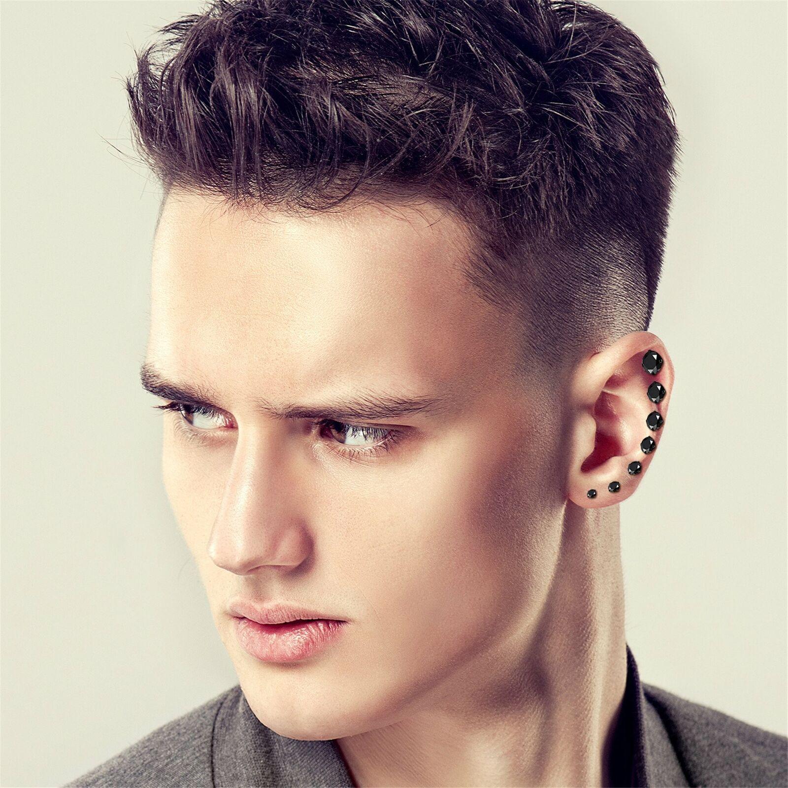 Black Stud Earrings with Roundback 7 Pair Stainless Steel Round Cubic Zirconia for Men Women Children and Babies - Jewelry Store by Erik Rayo