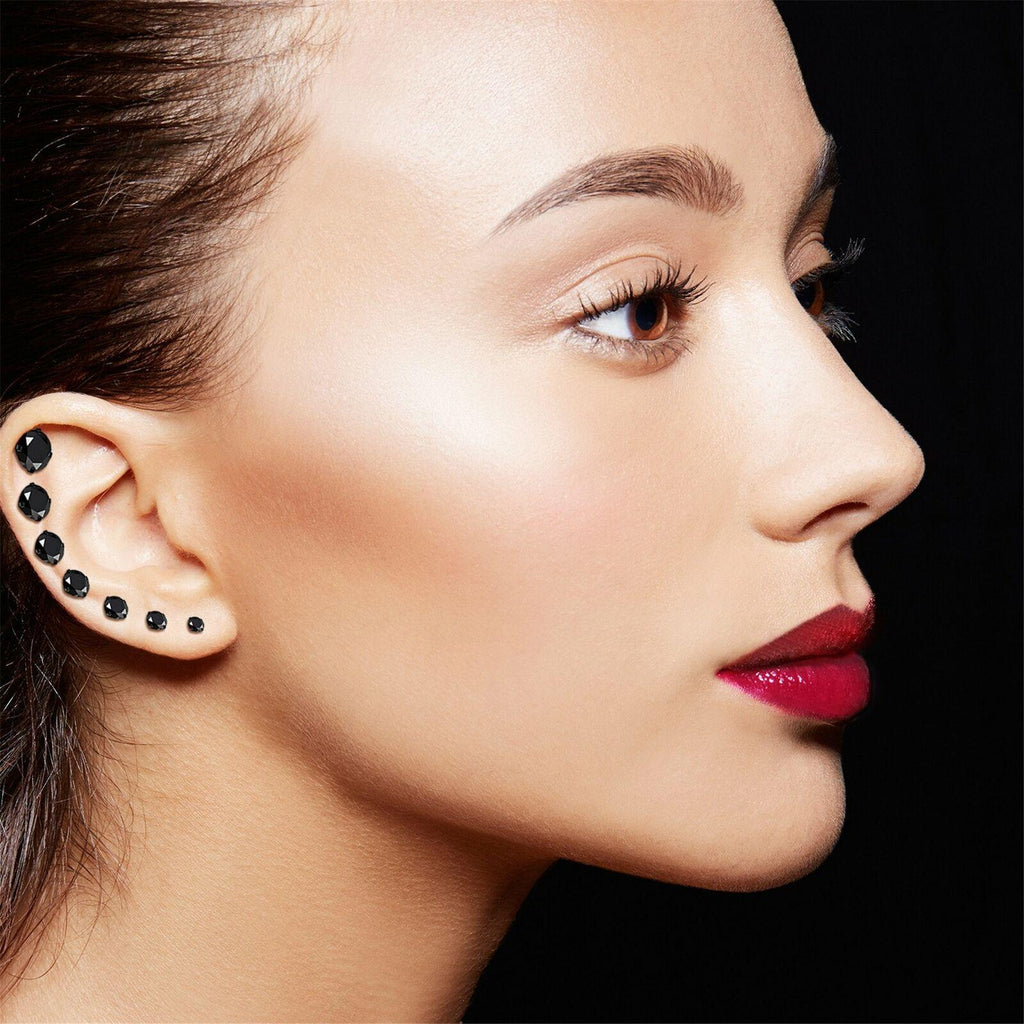 Black Stud Earrings with Roundback 7 Pair Stainless Steel Round Cubic Zirconia for Men Women Children and Babies - Jewelry Store by Erik Rayo