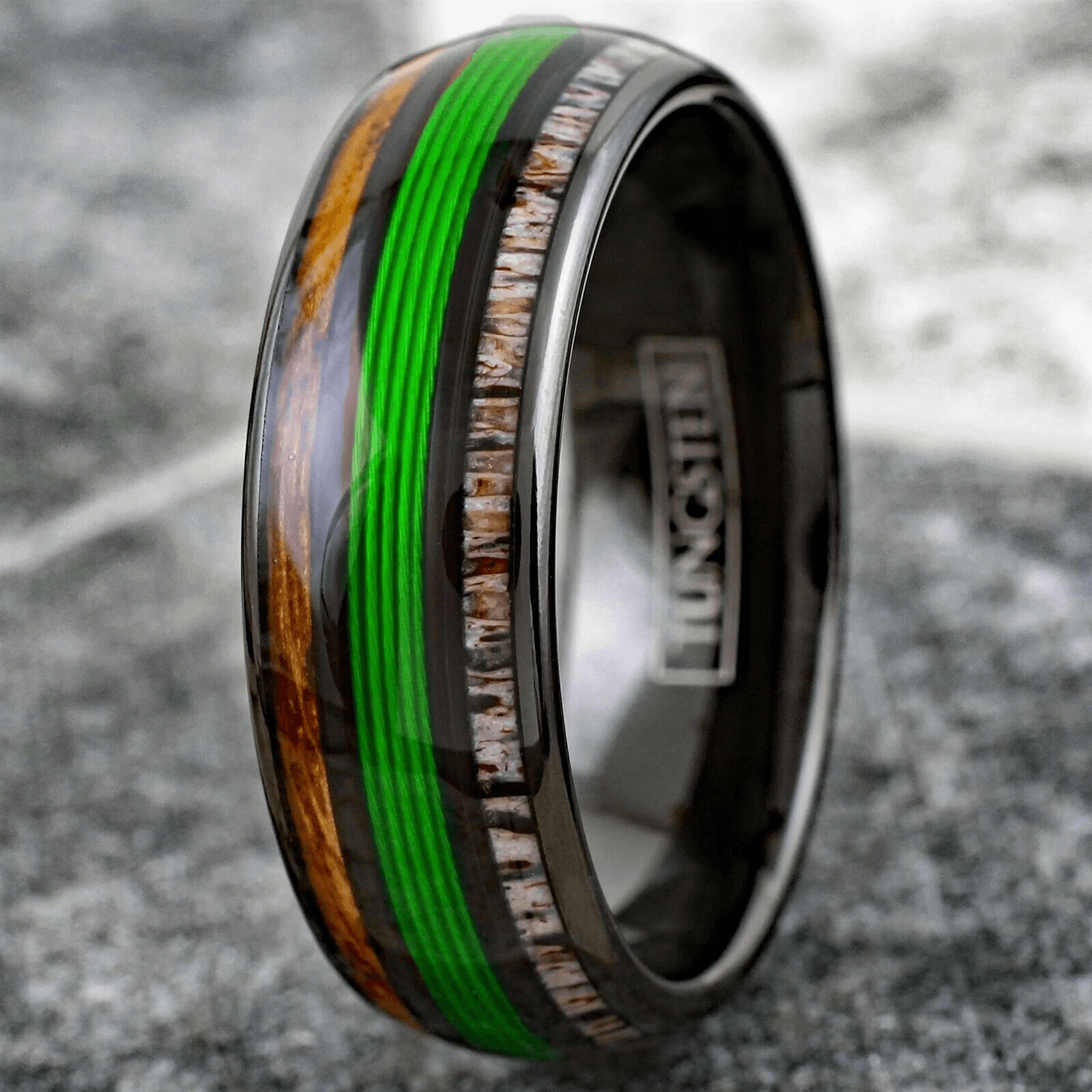 Green Fishing Line Wedding Band Ring for Men Black Tungsten Carbide Whiskey Barrel Oak Wood and Deer Antler Inlays - Jewelry Store by Erik Rayo