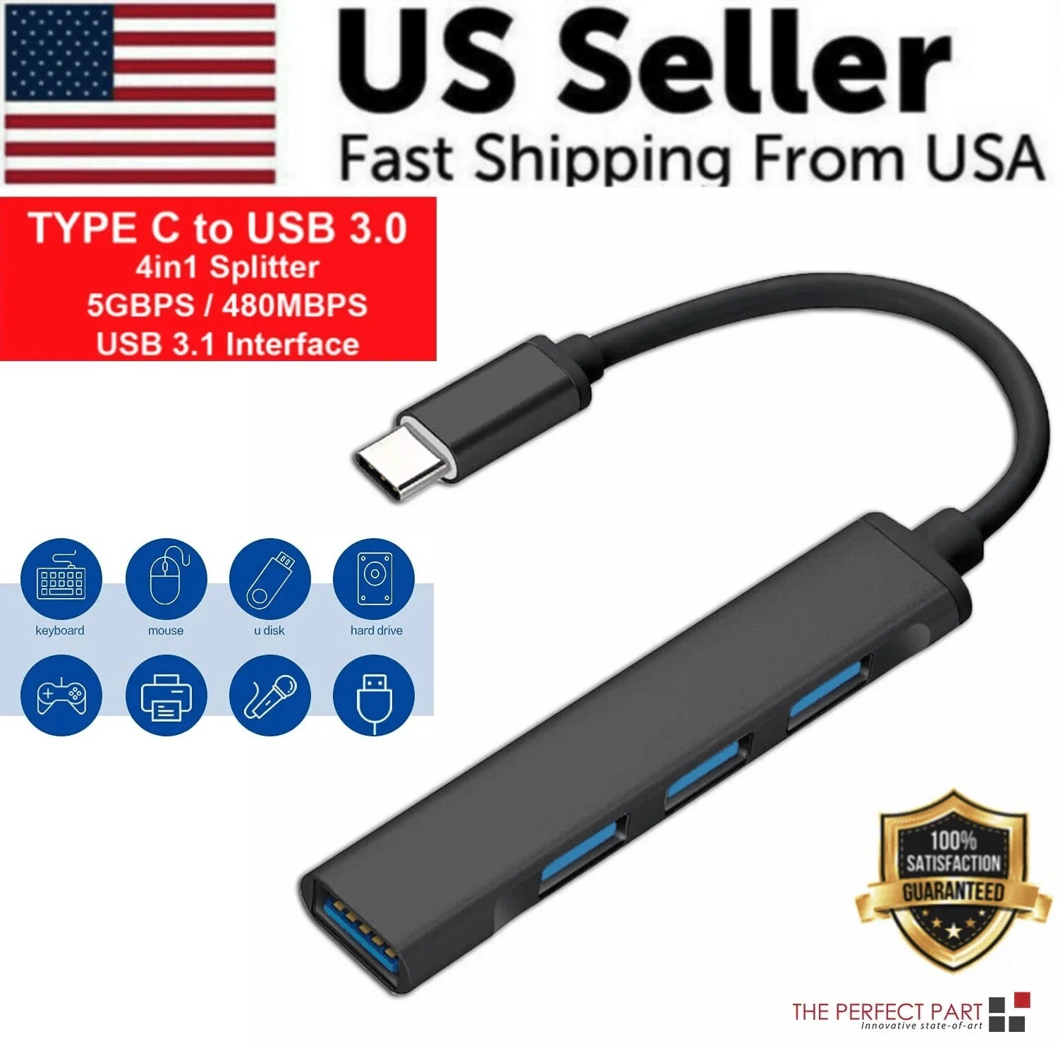 USB-C Type C to USB 3.0 4 Port Hub Splitter For PC Phone Mac iPad MacBook Pro - Jewelry Store by Erik Rayo