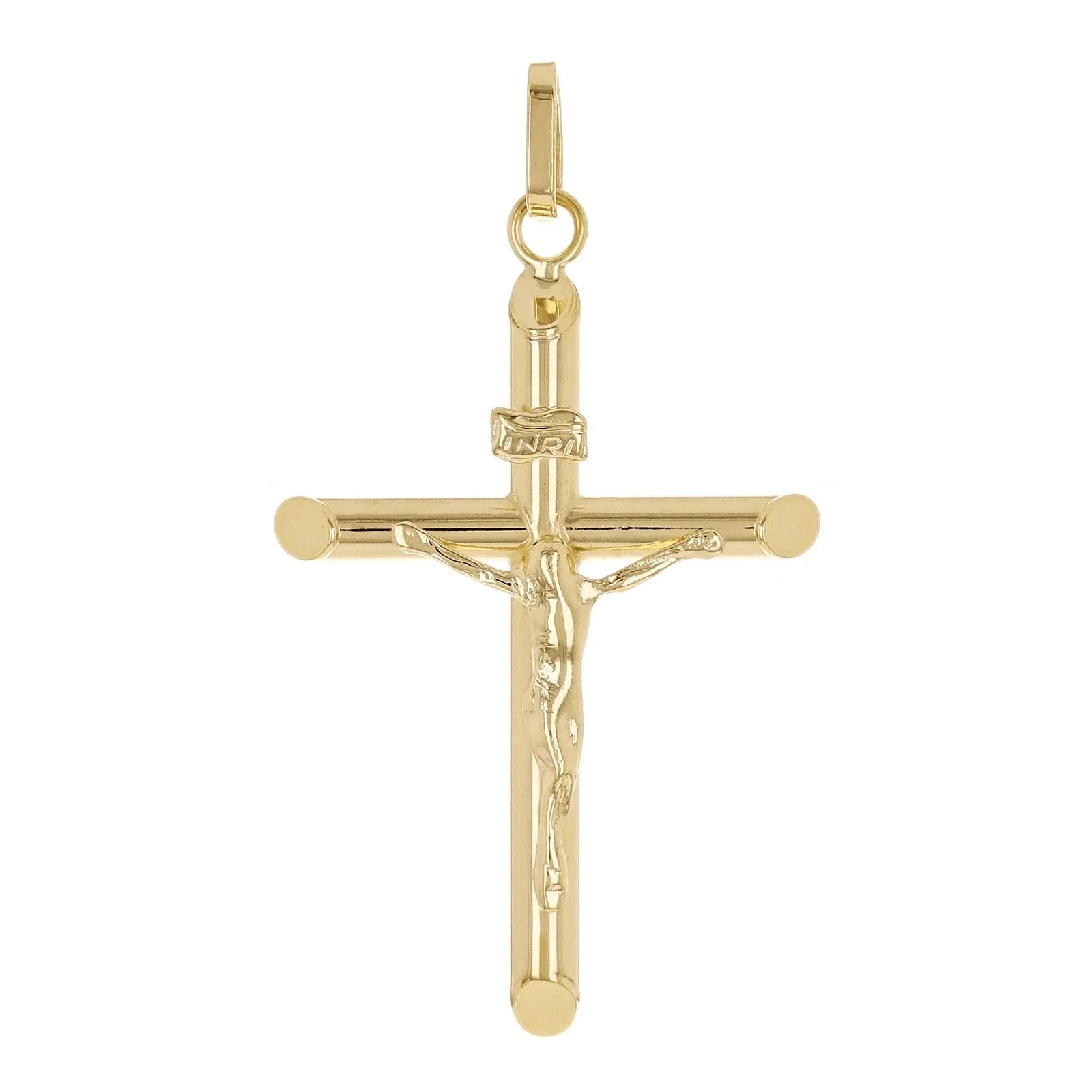 Italian 14k Yellow Gold Hollow INRI Jesus Crucifix Cross Charm Pendant 1.6" 1.8g - Jewelry Store by Erik Rayo