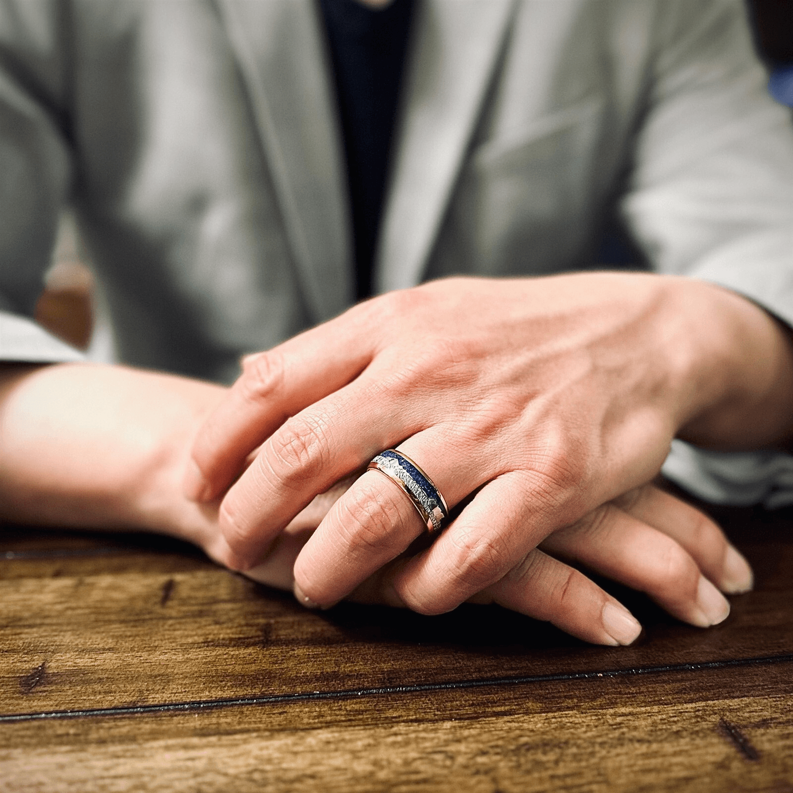 Rose Gold Tungsten Carbide Wedding Band Ring for Men & Women – Meteorite & Blue Lapis Lazuli Inlay Design