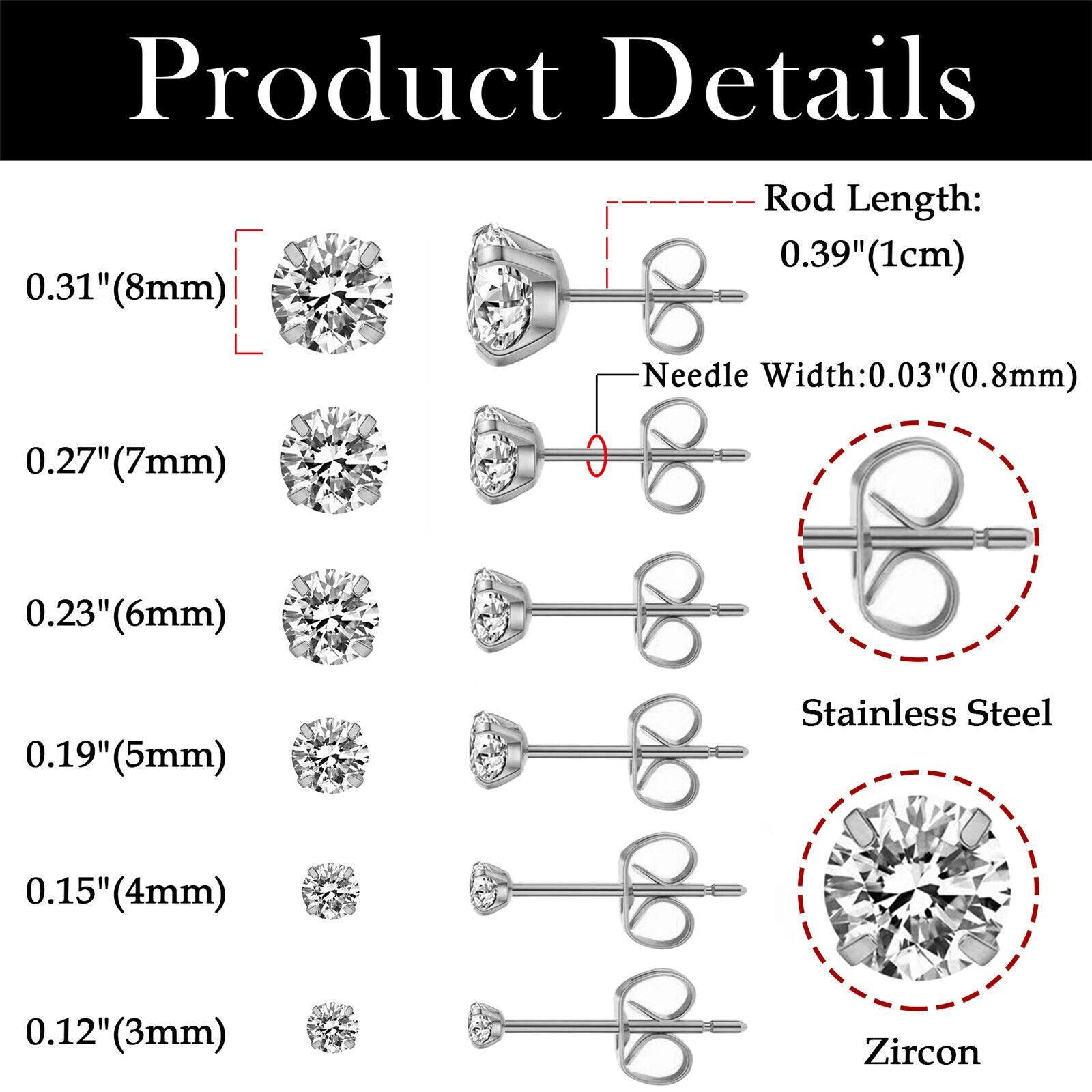 Silver Stud Earrings 6 Pair Stainless Steel Round Cubic Zirconia for Men Women - Jewelry Store by Erik Rayo