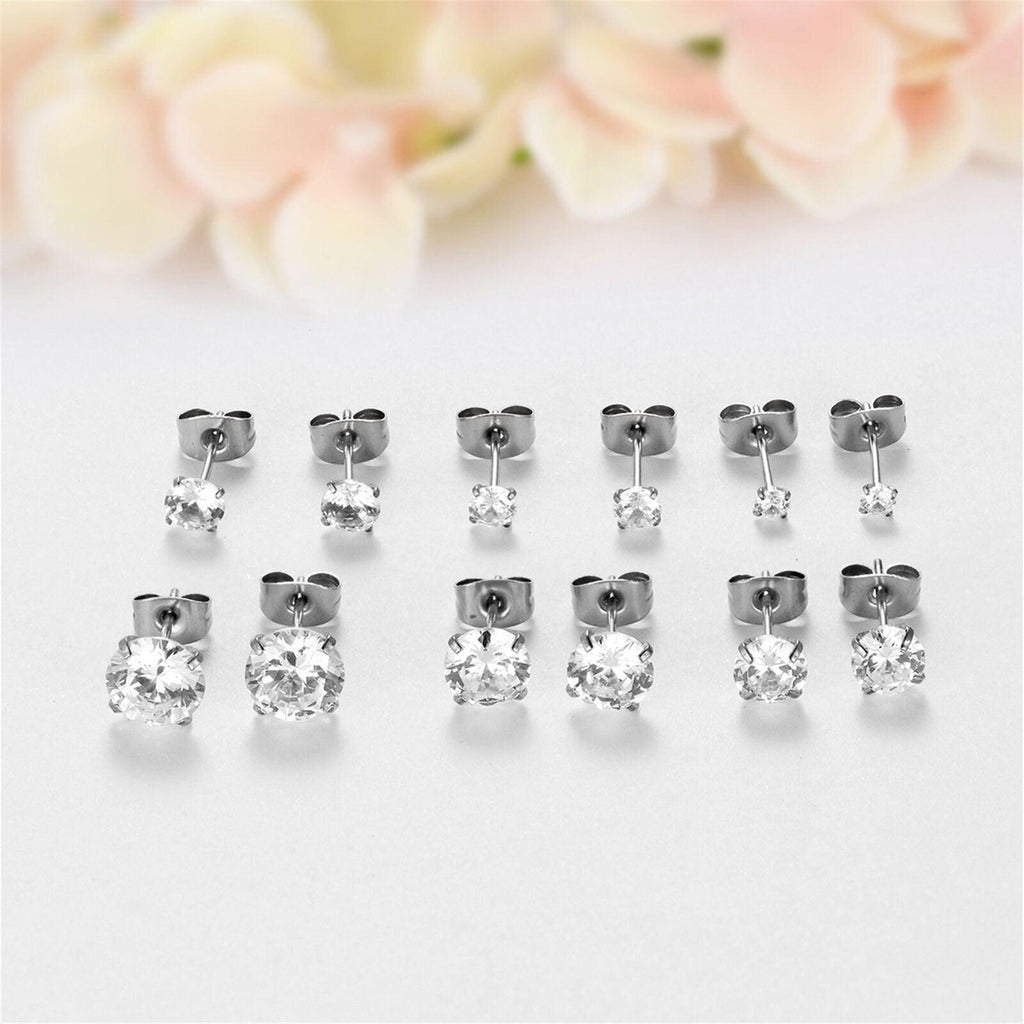 Silver Stud Earrings 6 Pair Stainless Steel Round Cubic Zirconia for Men Women - Jewelry Store by Erik Rayo