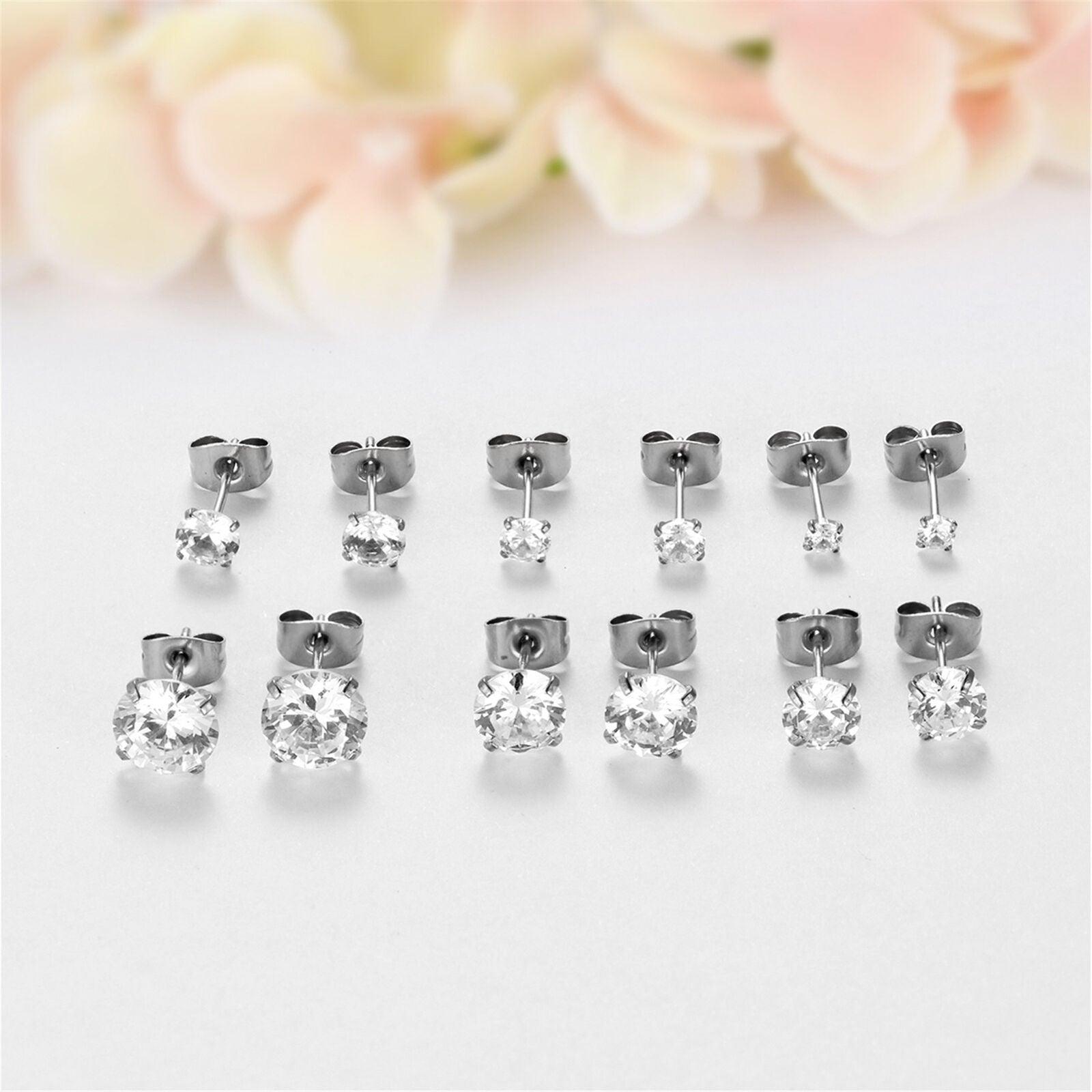 Silver Stud Earrings 6 Pair Stainless Steel Round Cubic Zirconia for Men Women - Jewelry Store by Erik Rayo