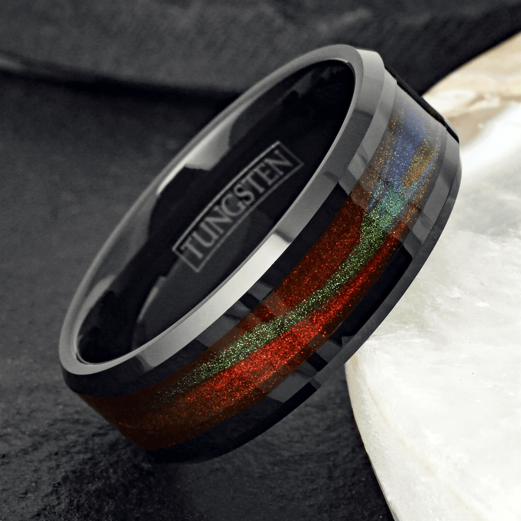 Wedding Band Ring Black Tungsten Carbide Green & Red Flowing Sand Ring for Men - Jewelry Store by Erik Rayo