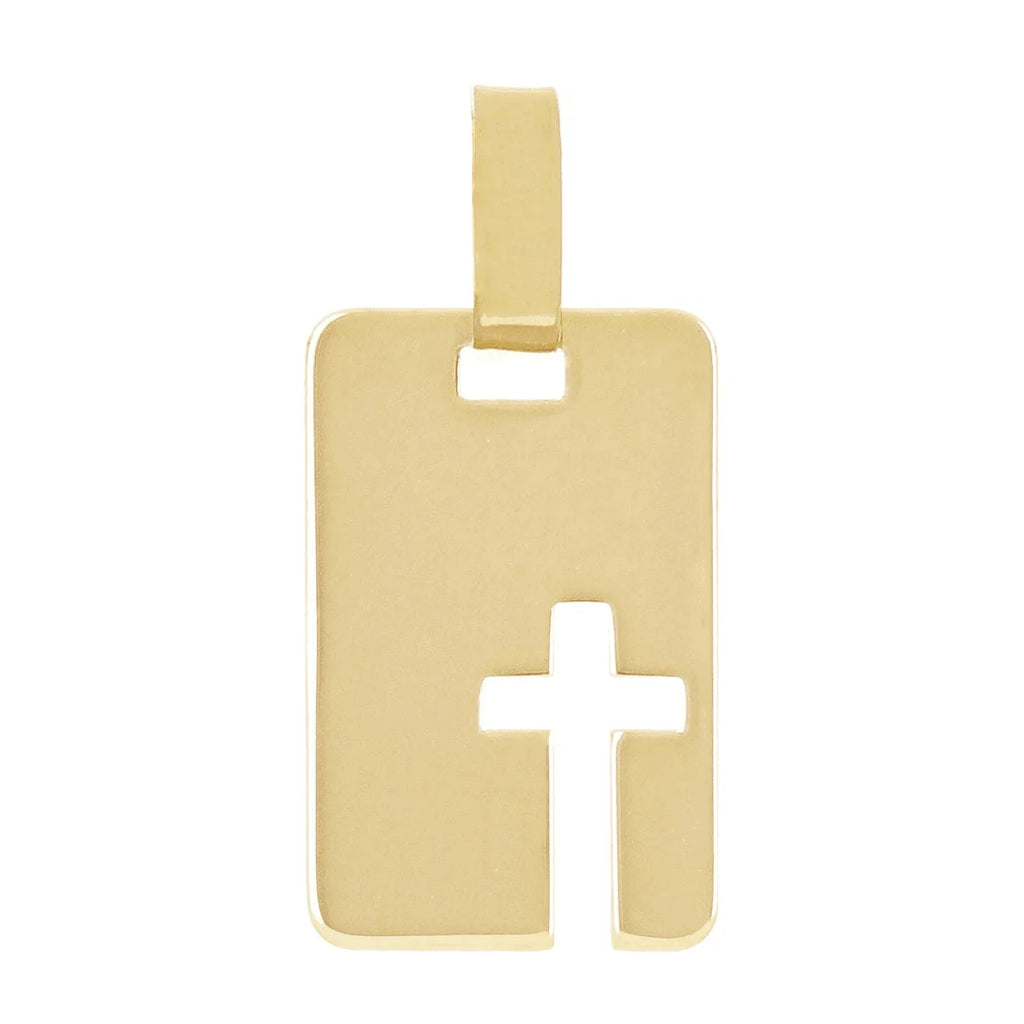 Italian 14k Yellow Gold Cross Cut Out Disc Rectangle Charm Pendant 0.5 gram - Jewelry Store by Erik Rayo