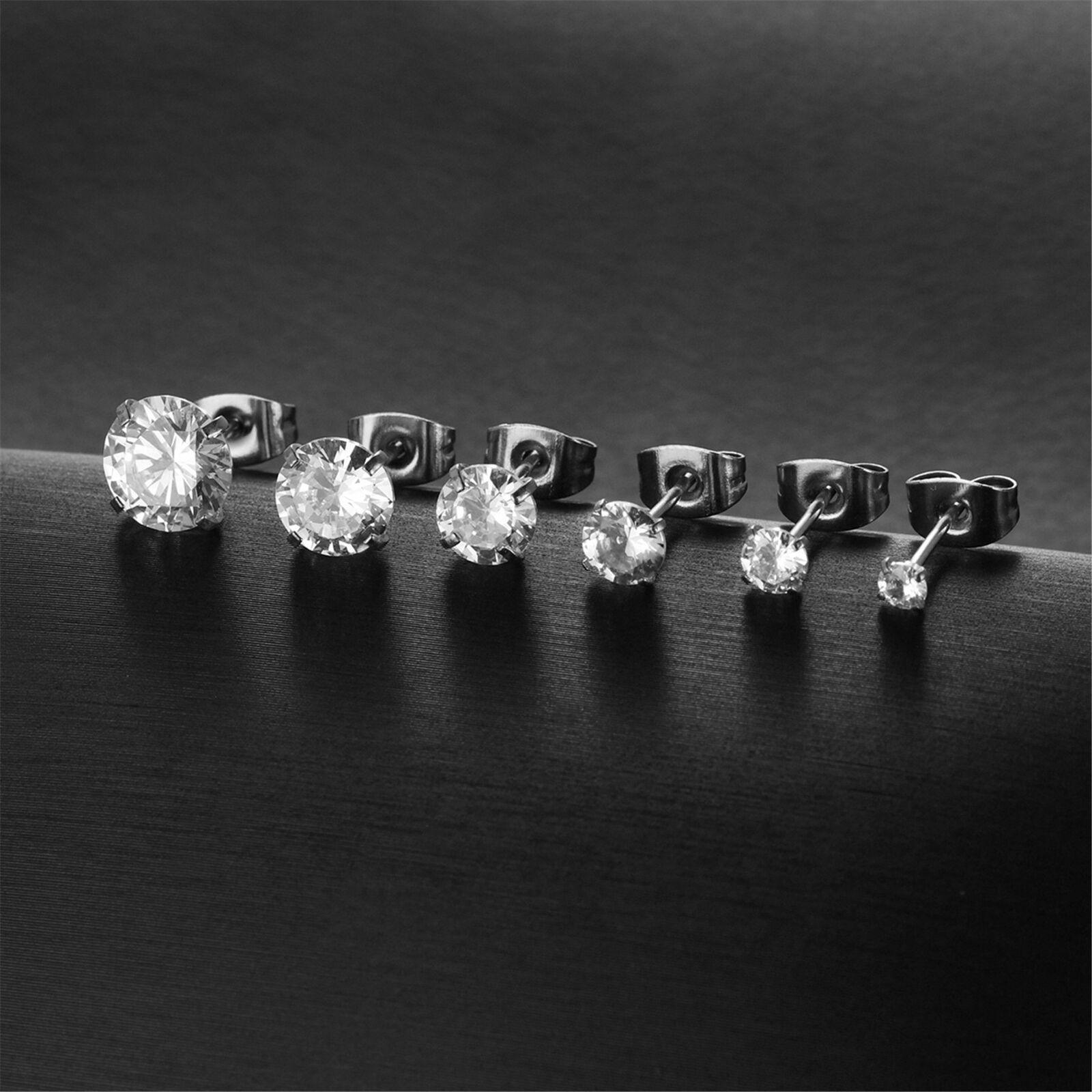 Silver Stud Earrings 6 Pair Stainless Steel Round Cubic Zirconia for Men Women - Jewelry Store by Erik Rayo