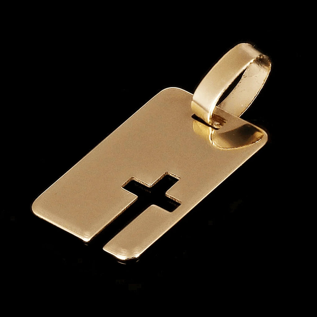 Italian 14k Yellow Gold Cross Cut Out Disc Rectangle Charm Pendant 0.5 gram - Jewelry Store by Erik Rayo