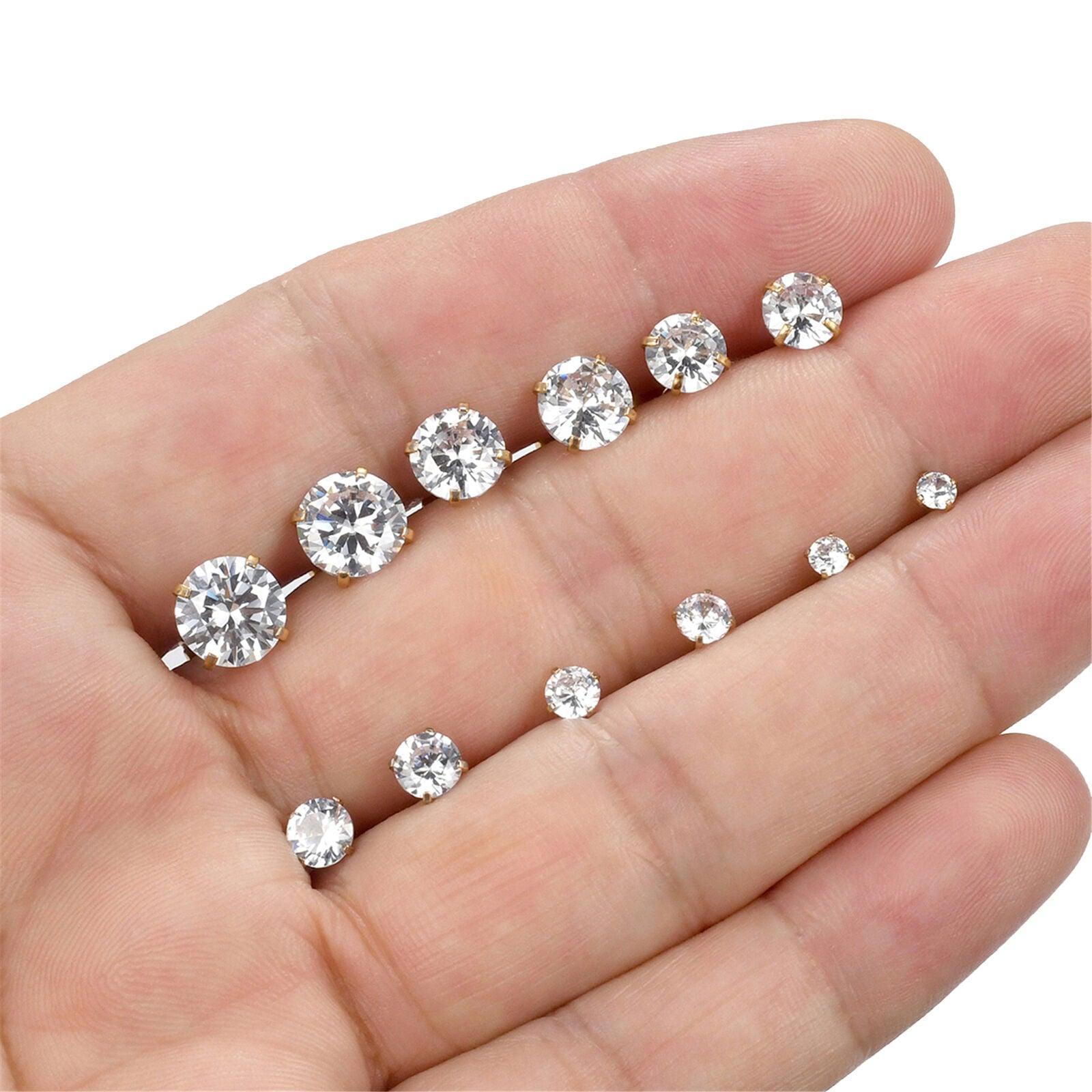 Gold Stud Earrings 6 Pair Stainless Steel Round Cubic Zirconia for Men Women - Jewelry Store by Erik Rayo