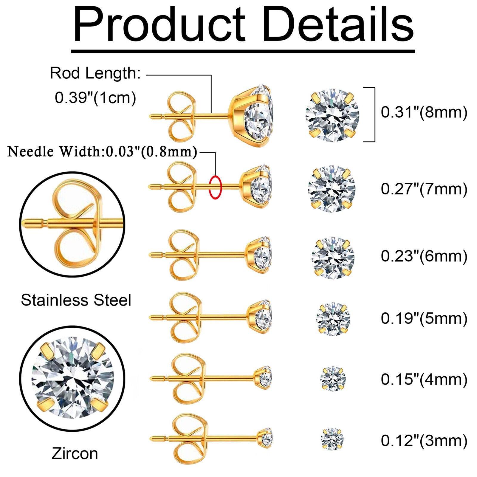 Gold Stud Earrings 6 Pair Stainless Steel Round Cubic Zirconia for Men Women - Jewelry Store by Erik Rayo