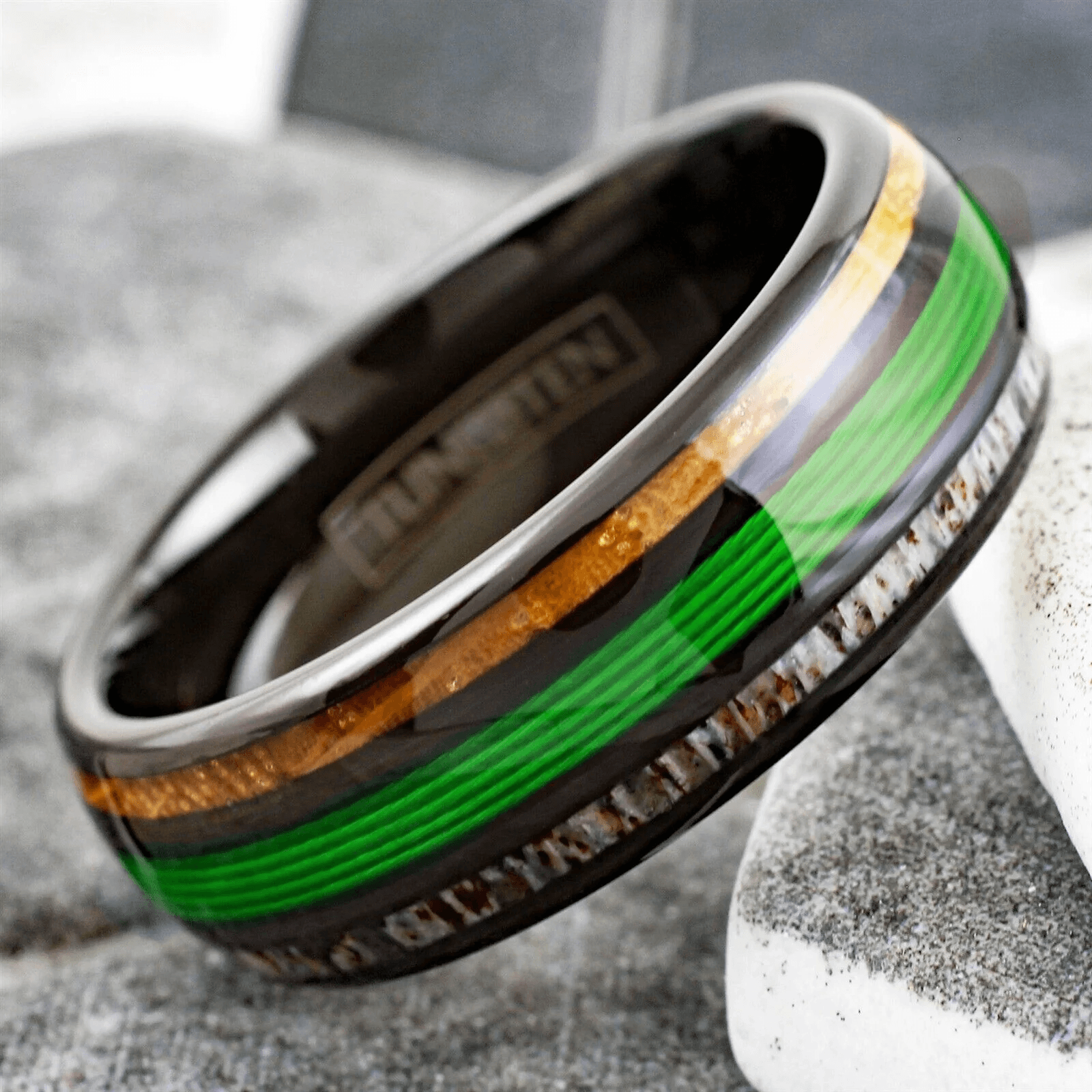 Green Fishing Line Wedding Band Ring for Men Black Tungsten Carbide Whiskey Barrel Oak Wood and Deer Antler Inlays - Jewelry Store by Erik Rayo