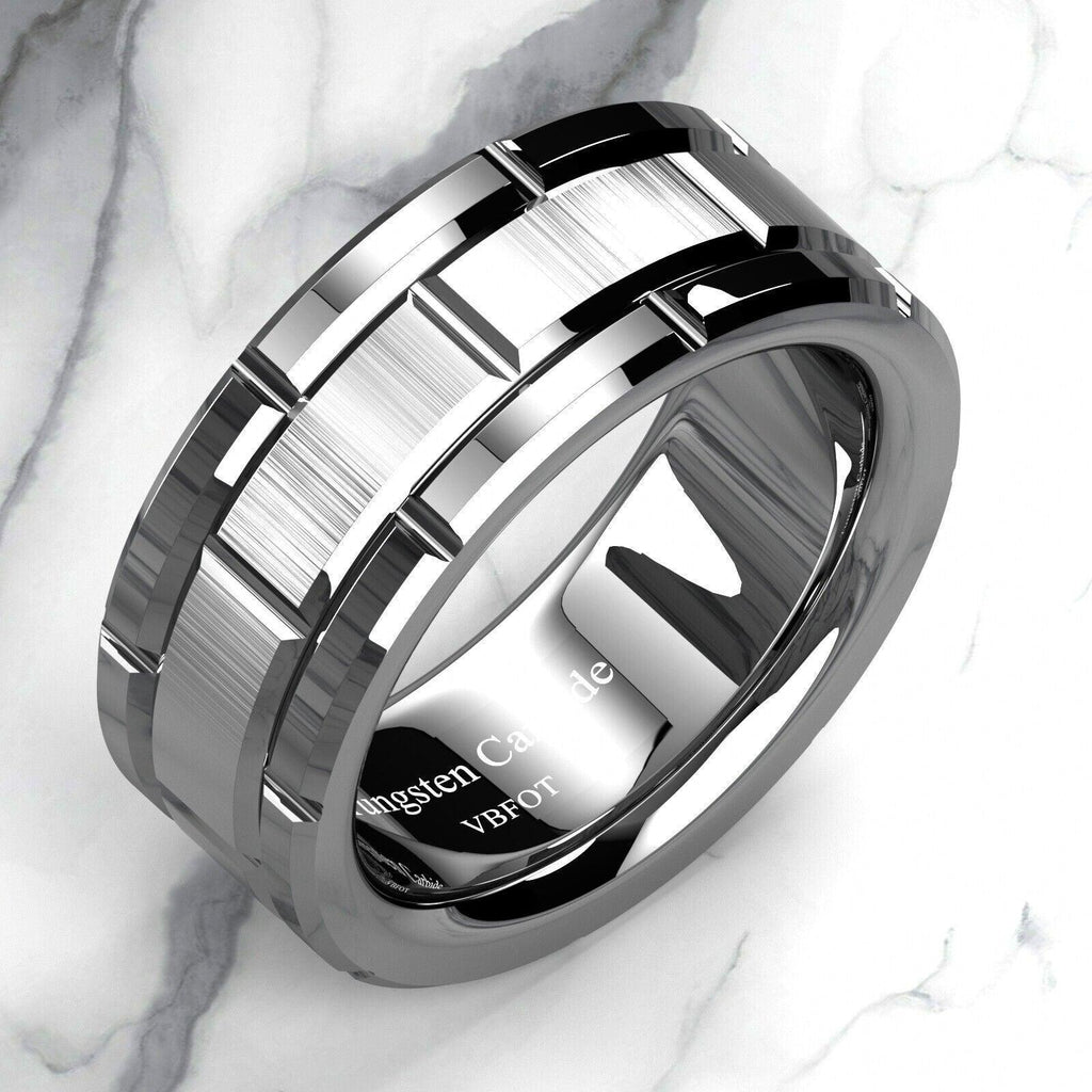 Men's Tungsten Carbide Wedding Band Ring Silver Brushed Bricked Pattern - Jewelry Store by Erik Rayo