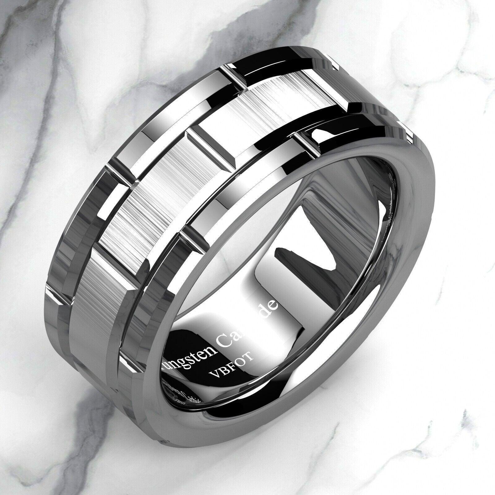 Men's Tungsten Carbide Wedding Band Ring Silver Brushed Bricked Pattern - Jewelry Store by Erik Rayo