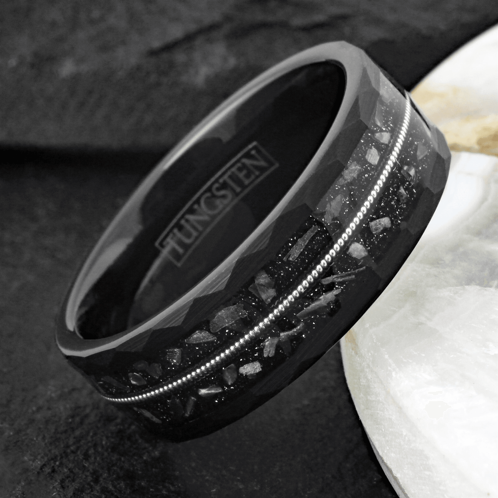 Black Tungsten Carbide Wedding Band Ring for Men Meteorite Guitar String Band Ring