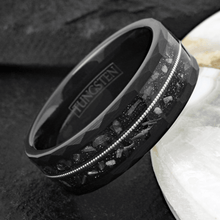 Load image into Gallery viewer, Black Tungsten Carbide Wedding Band Ring for Men Meteorite Guitar String Band Ring
