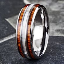 Load image into Gallery viewer, Wedding Band Ring for Men and Women Silver Tungsten Carbide Mother of Pearl &amp; Koa Wood Stripe
