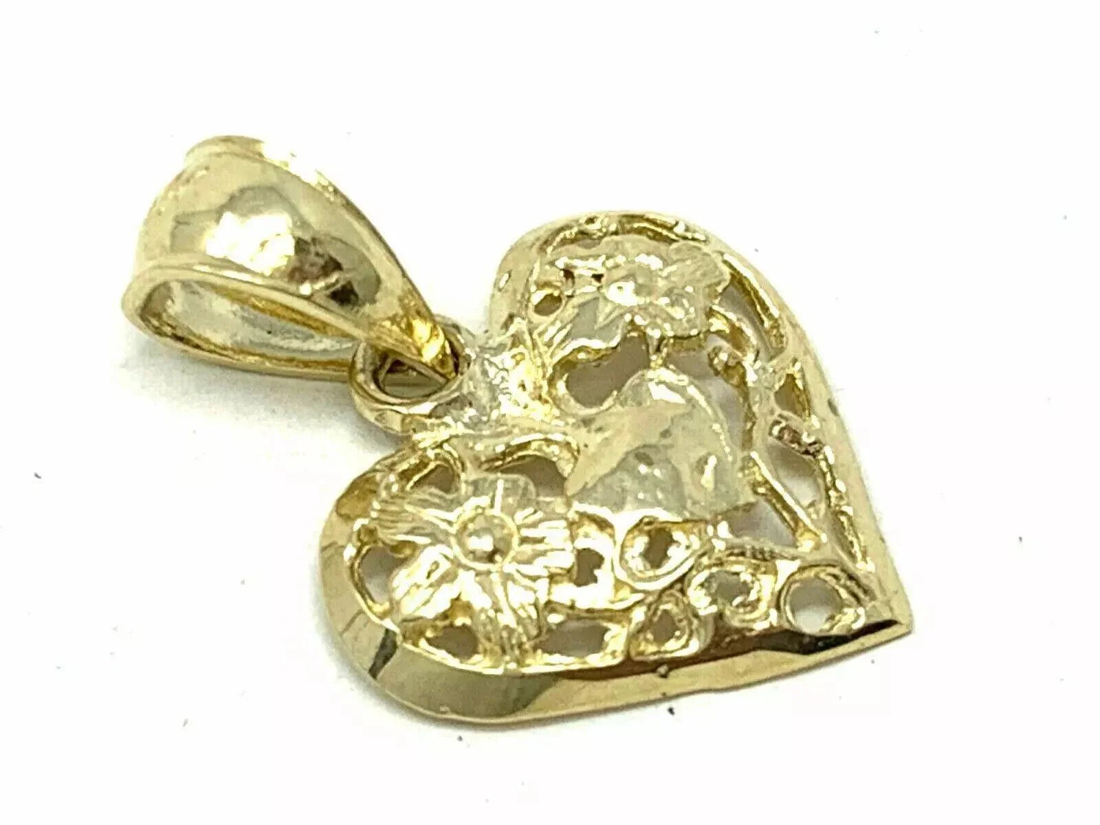 14k Yellow Gold Solid Filigree Heart with Flowers Charm Pendant 0.8 gram - Jewelry Store by Erik Rayo