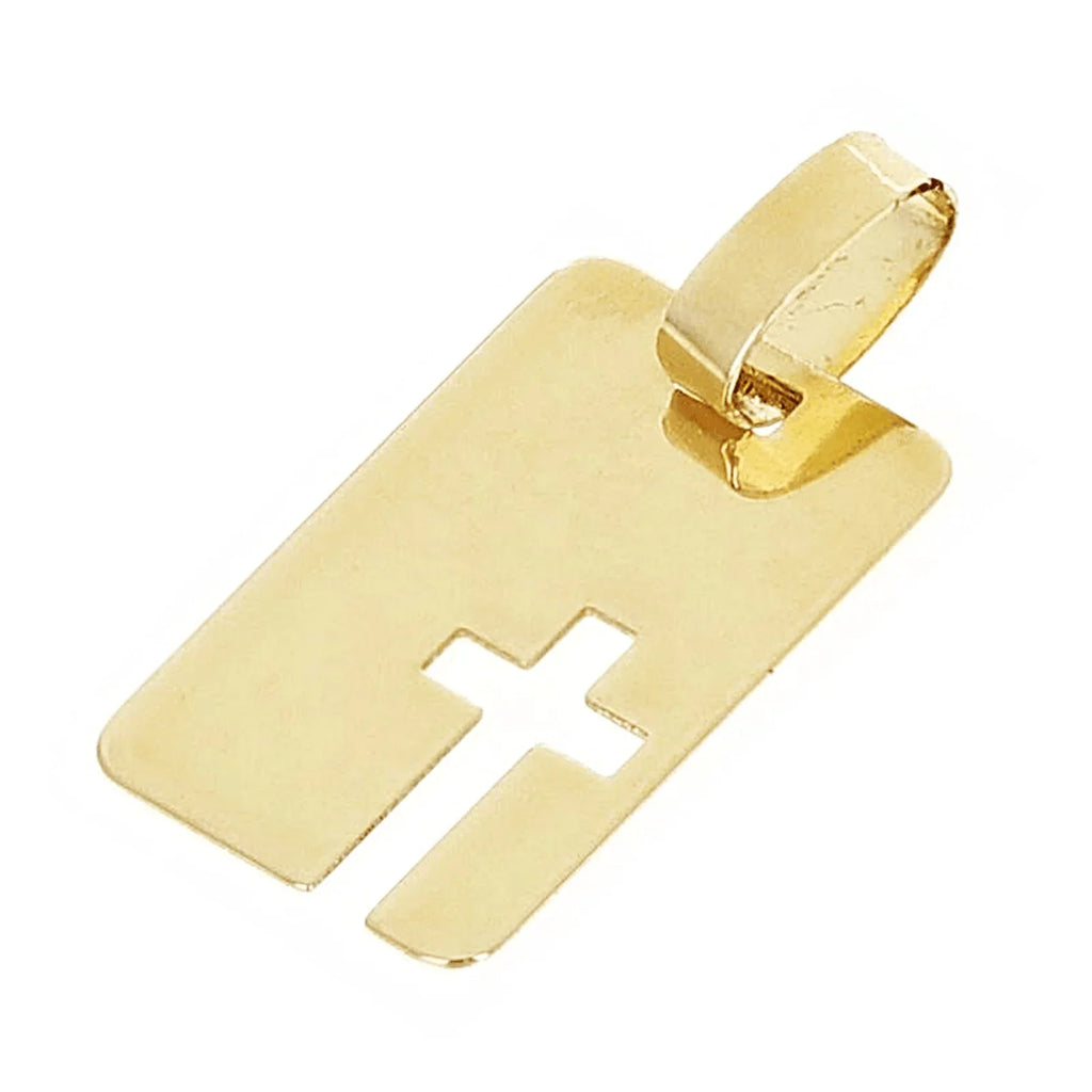 Italian 14k Yellow Gold Cross Cut Out Disc Rectangle Charm Pendant 0.5 gram - Jewelry Store by Erik Rayo
