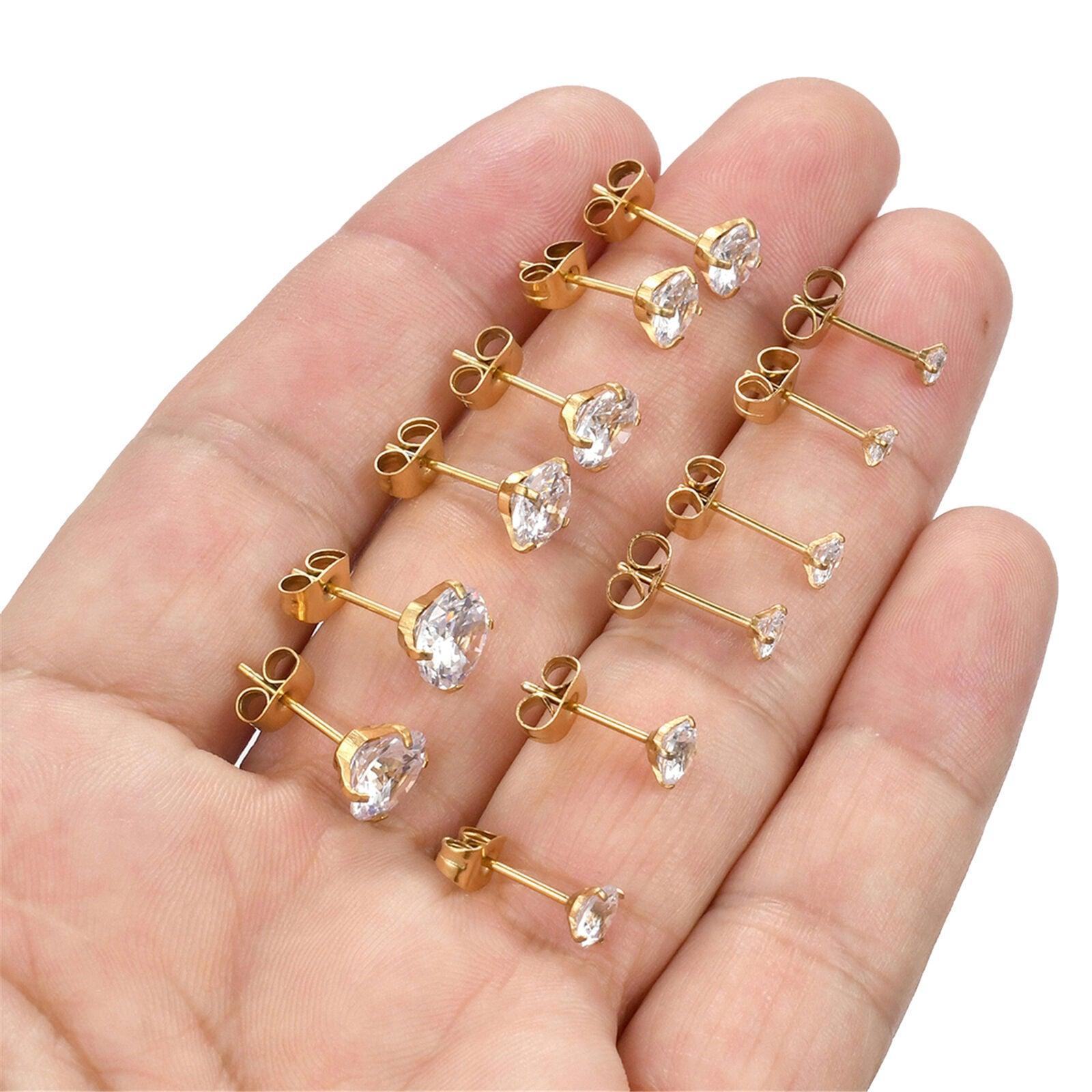 Gold Stud Earrings 6 Pair Stainless Steel Round Cubic Zirconia for Men Women - Jewelry Store by Erik Rayo