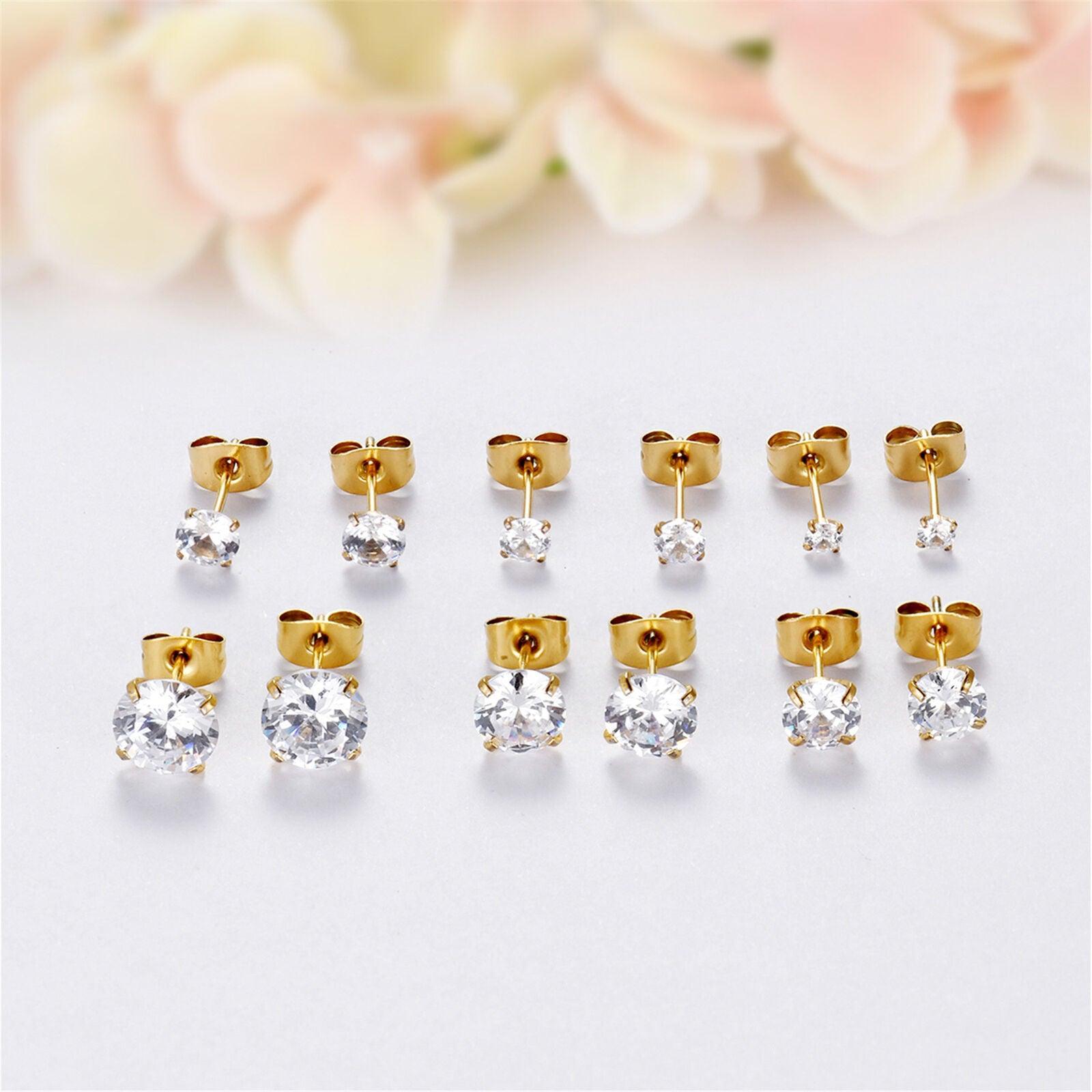Gold Stud Earrings 6 Pair Stainless Steel Round Cubic Zirconia for Men Women - Jewelry Store by Erik Rayo