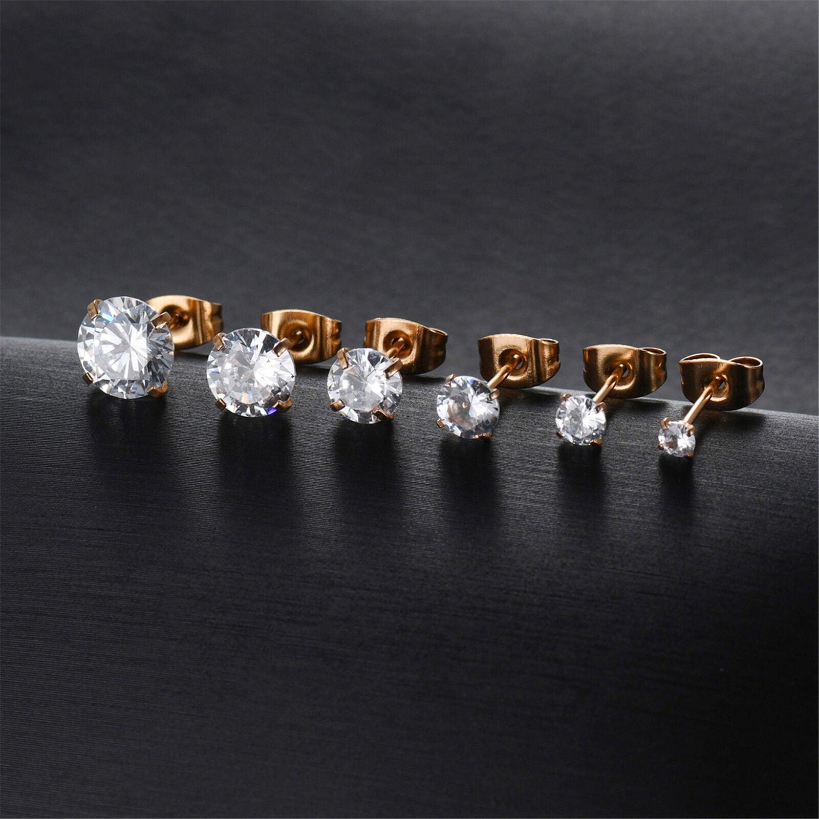 Rose Gold Stud Earrings 6 Pair Stainless Steel Round Cubic Zirconia for Men Women - Jewelry Store by Erik Rayo