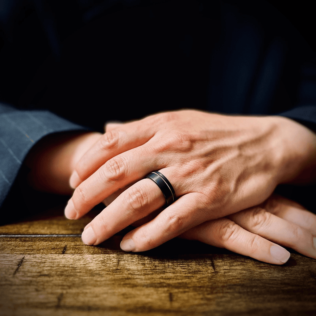 Wedding Band Rings Tungsten Carbide Black Brushed Offset Guitar String Ring for Men - Jewelry Store by Erik Rayo