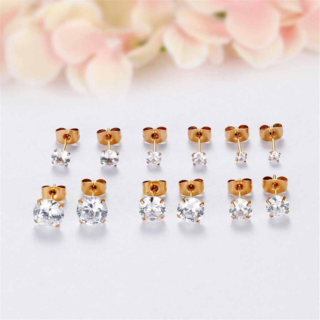 Rose Gold Stud Earrings 6 Pair Stainless Steel Round Cubic Zirconia for Men Women - Jewelry Store by Erik Rayo