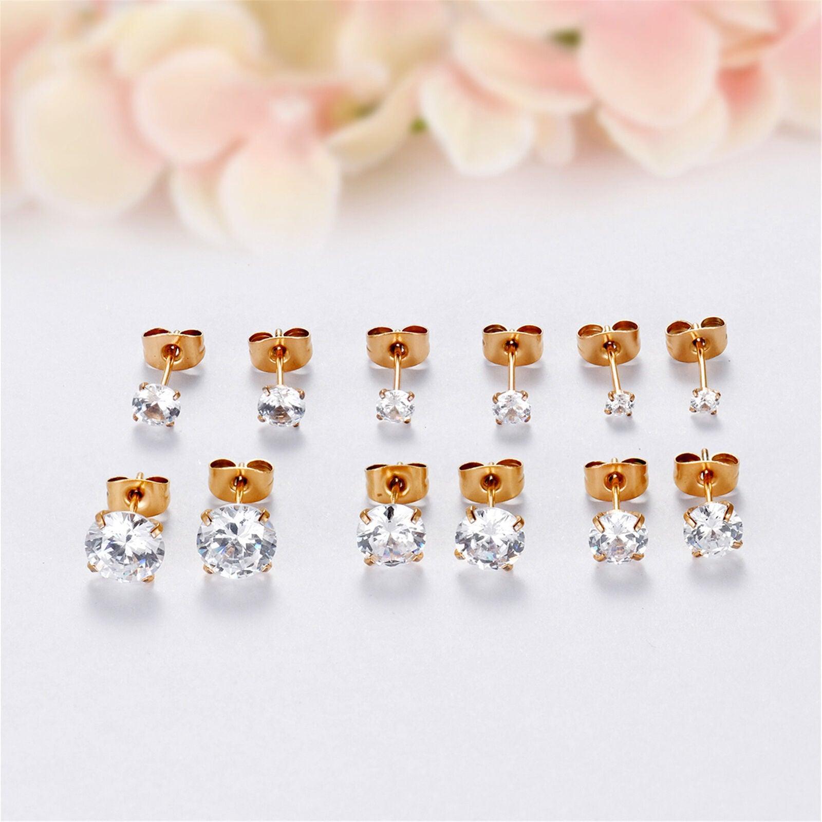 Rose Gold Stud Earrings 6 Pair Stainless Steel Round Cubic Zirconia for Men Women - Jewelry Store by Erik Rayo