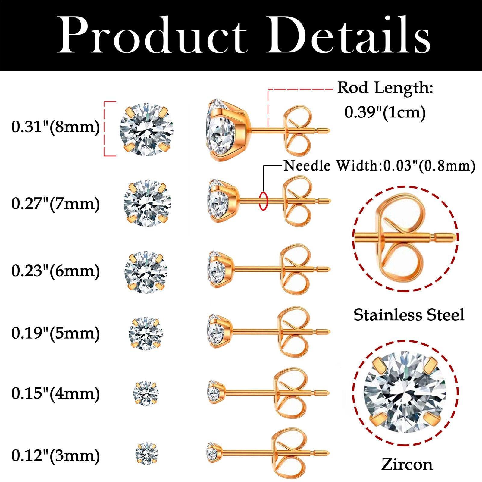 Rose Gold Stud Earrings 6 Pair Stainless Steel Round Cubic Zirconia for Men Women - Jewelry Store by Erik Rayo