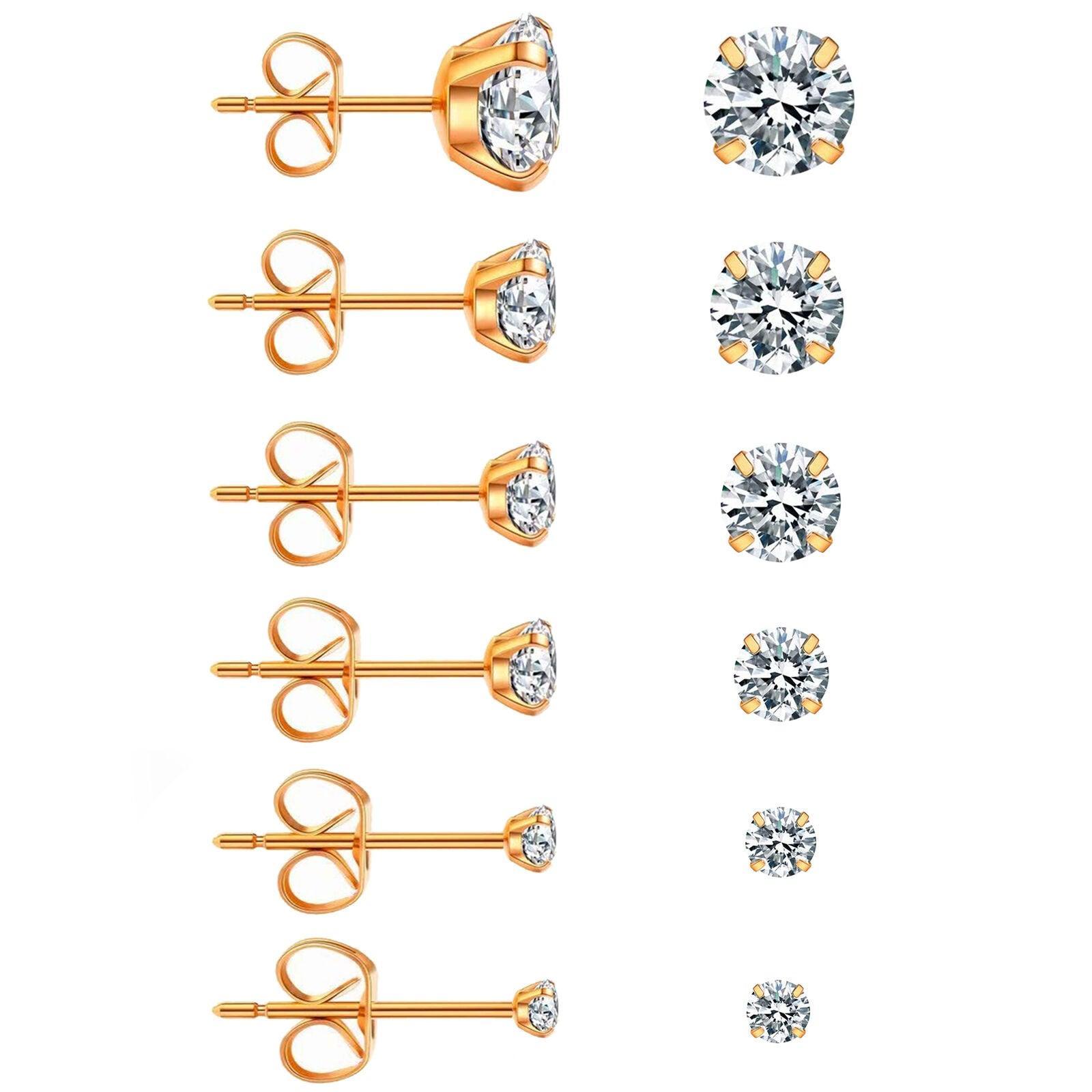 Rose Gold Stud Earrings 6 Pair Stainless Steel Round Cubic Zirconia for Men Women - Jewelry Store by Erik Rayo