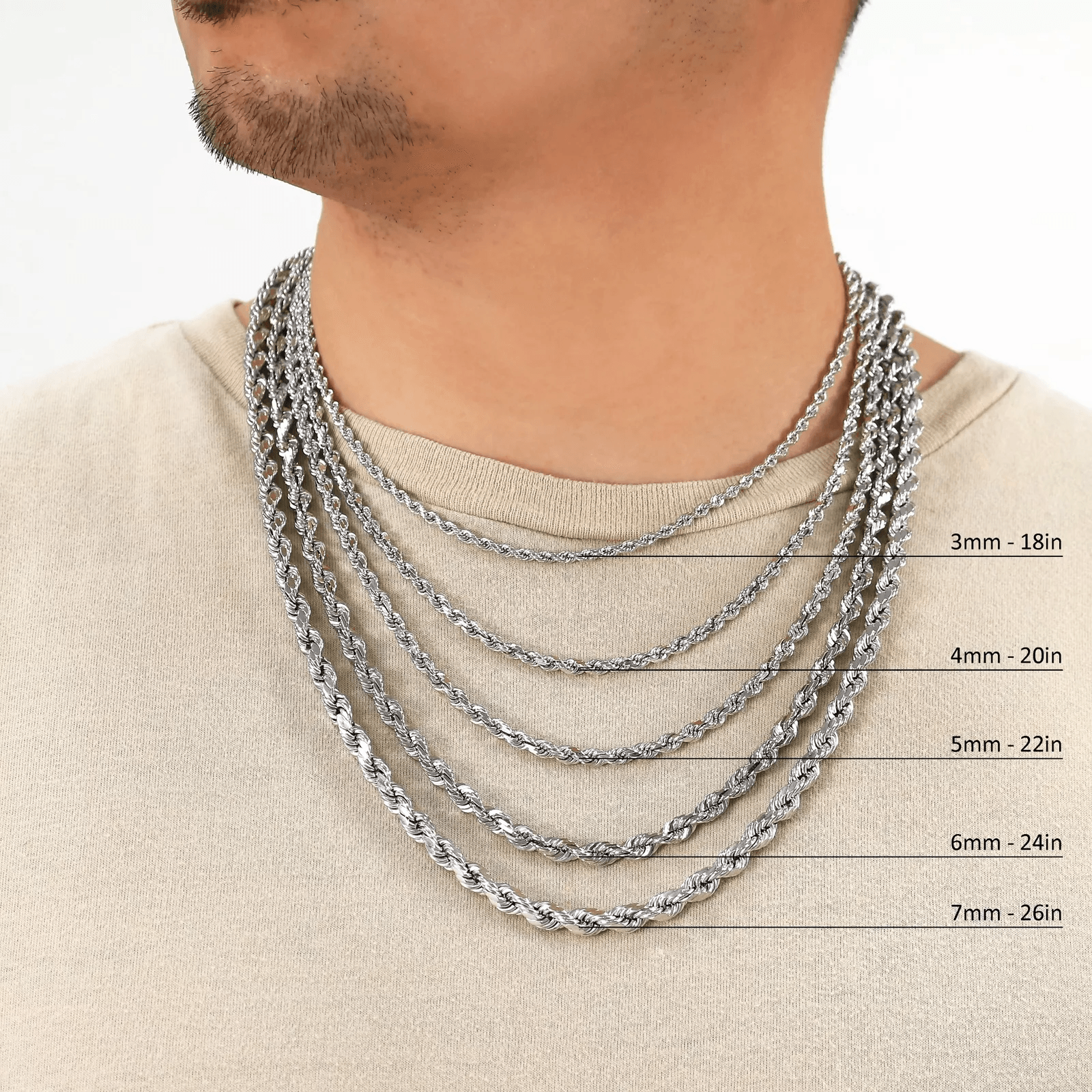 14K White Gold Diamond Cut Rope Chains Necklaces For Men and Women - Jewelry Store by Erik Rayo