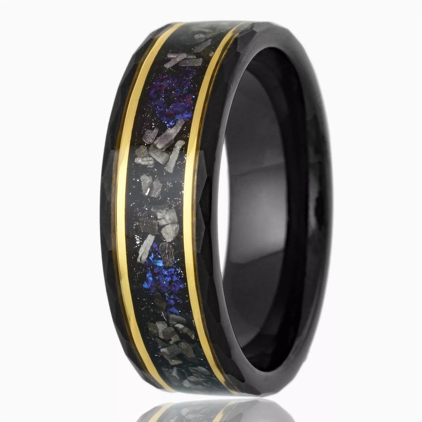 Wedding Band Ring Black Tungsten Carbide Meteorite Blue Galaxy Ring for Men and Women