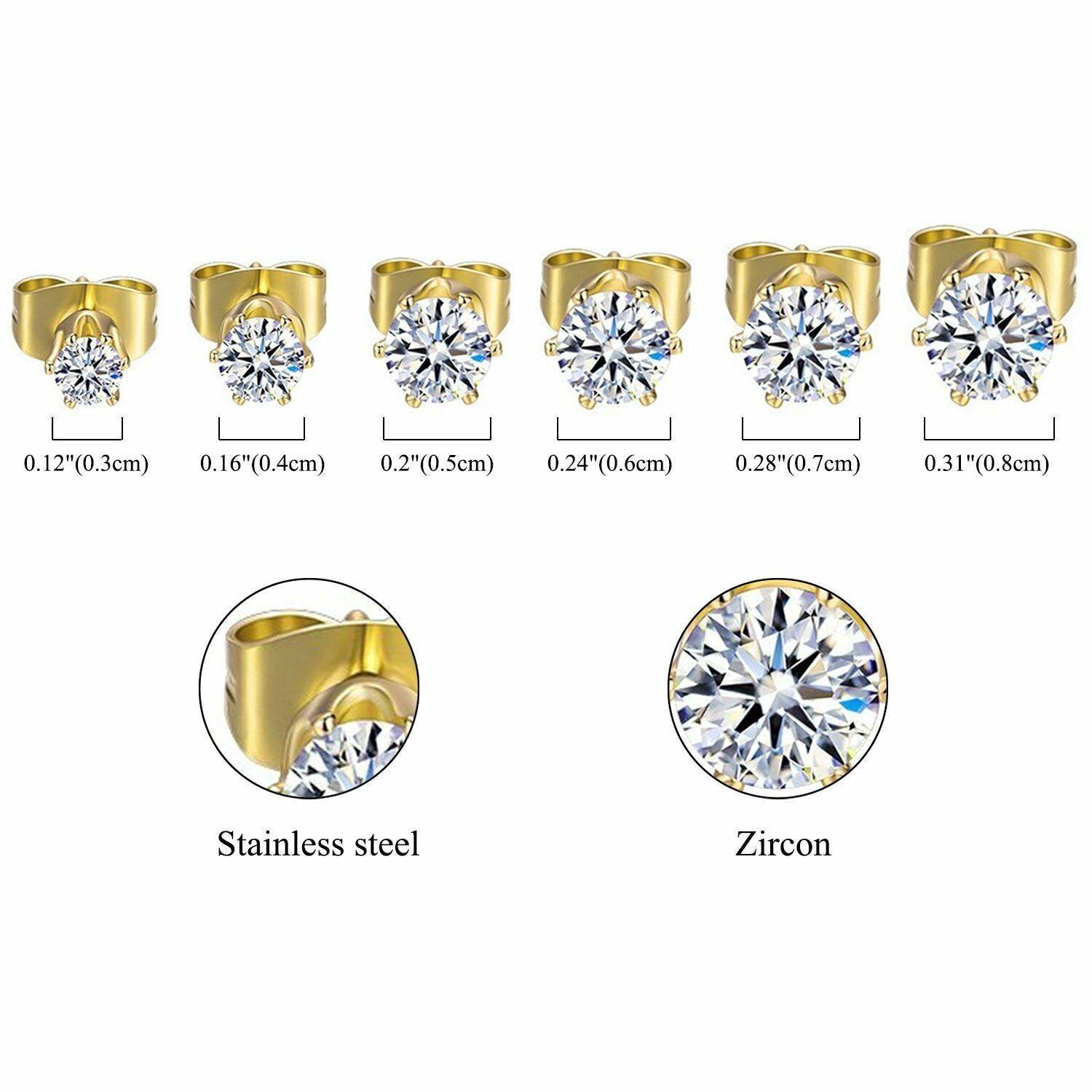 Gold Stud Earrings 6 Pair Stainless Steel Round Cubic Zirconia for Men Women - Jewelry Store by Erik Rayo