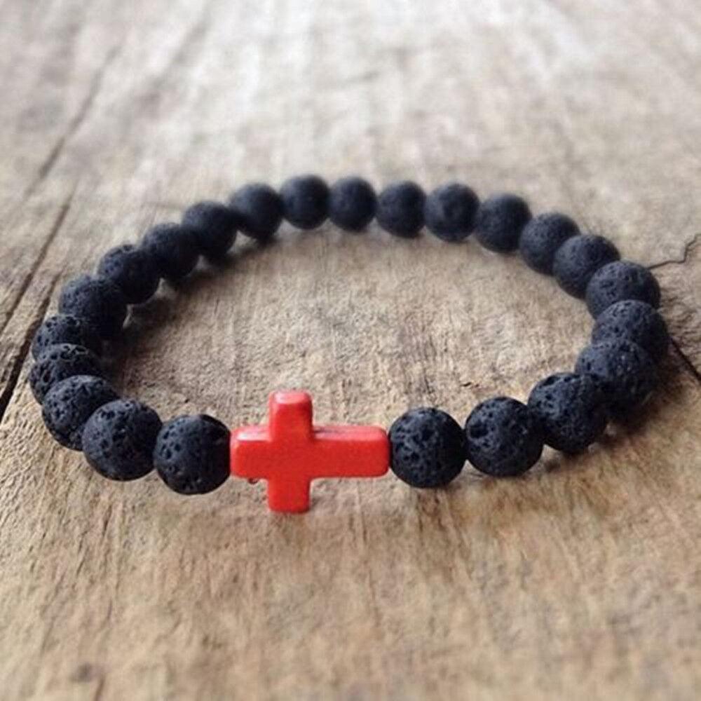 Lava Rock Stone Beaded Bracelet Jesus Cross Christian in Red - Jewelry Store by Erik Rayo
