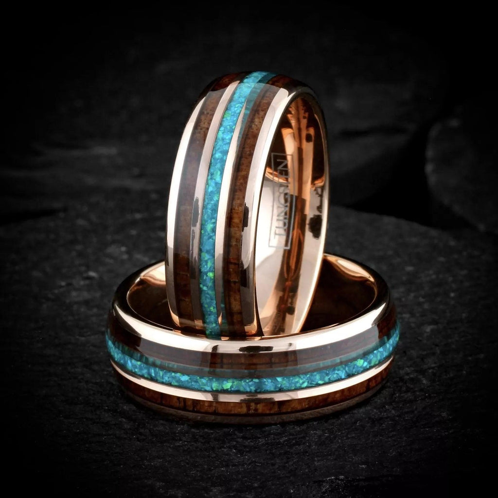 Rose Gold Wedding Band Ring for Men and Women Tungsten Carbide Blue Teal Opal with Wood Stripe Engagement Ring - Jewelry Store by Erik Rayo