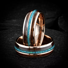 Load image into Gallery viewer, Rose Gold Wedding Band Ring for Men and Women Tungsten Carbide Blue Teal Opal with Wood Stripe Engagement Ring
