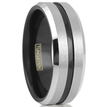 Load image into Gallery viewer, Silver Black Tungsten Carbide Wedding Band Ring for Men &amp; Women – Brushed Black Stripe Design
