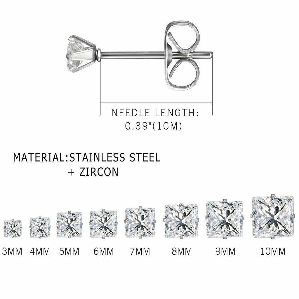 Silver Stud Earrings 8 Pair Stainless Steel Square Princess Cut Cubic Zirconia for Men Women - Jewelry Store by Erik Rayo