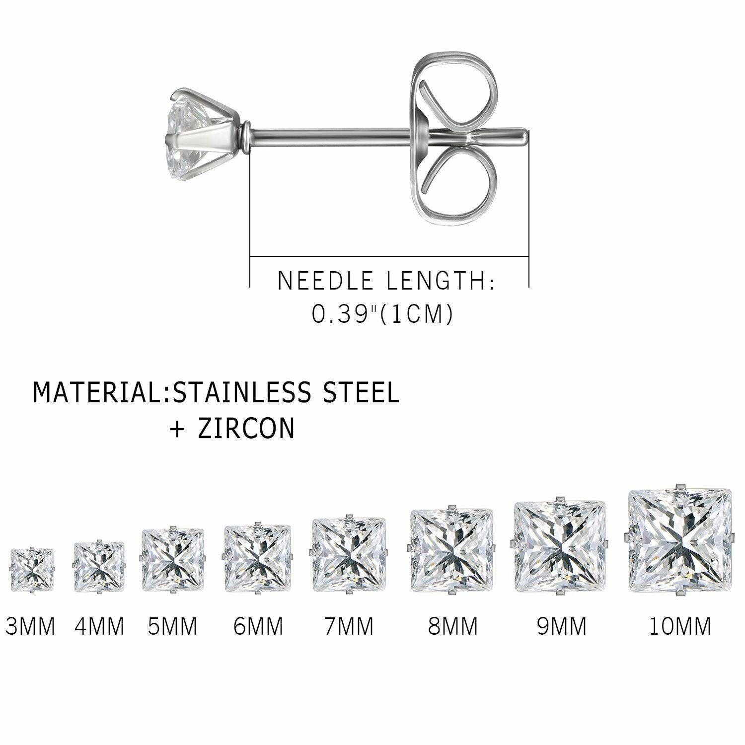 Silver Stud Earrings 8 Pair Stainless Steel Square Princess Cut Cubic Zirconia for Men Women - Jewelry Store by Erik Rayo