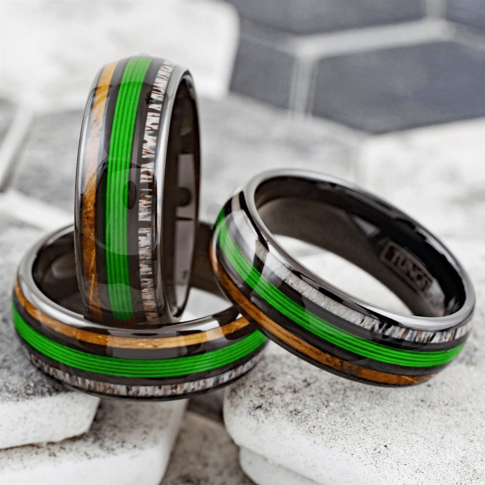 Green Fishing Line Wedding Band Ring for Men Black Tungsten Carbide Whiskey Barrel Oak Wood and Deer Antler Inlays - Jewelry Store by Erik Rayo